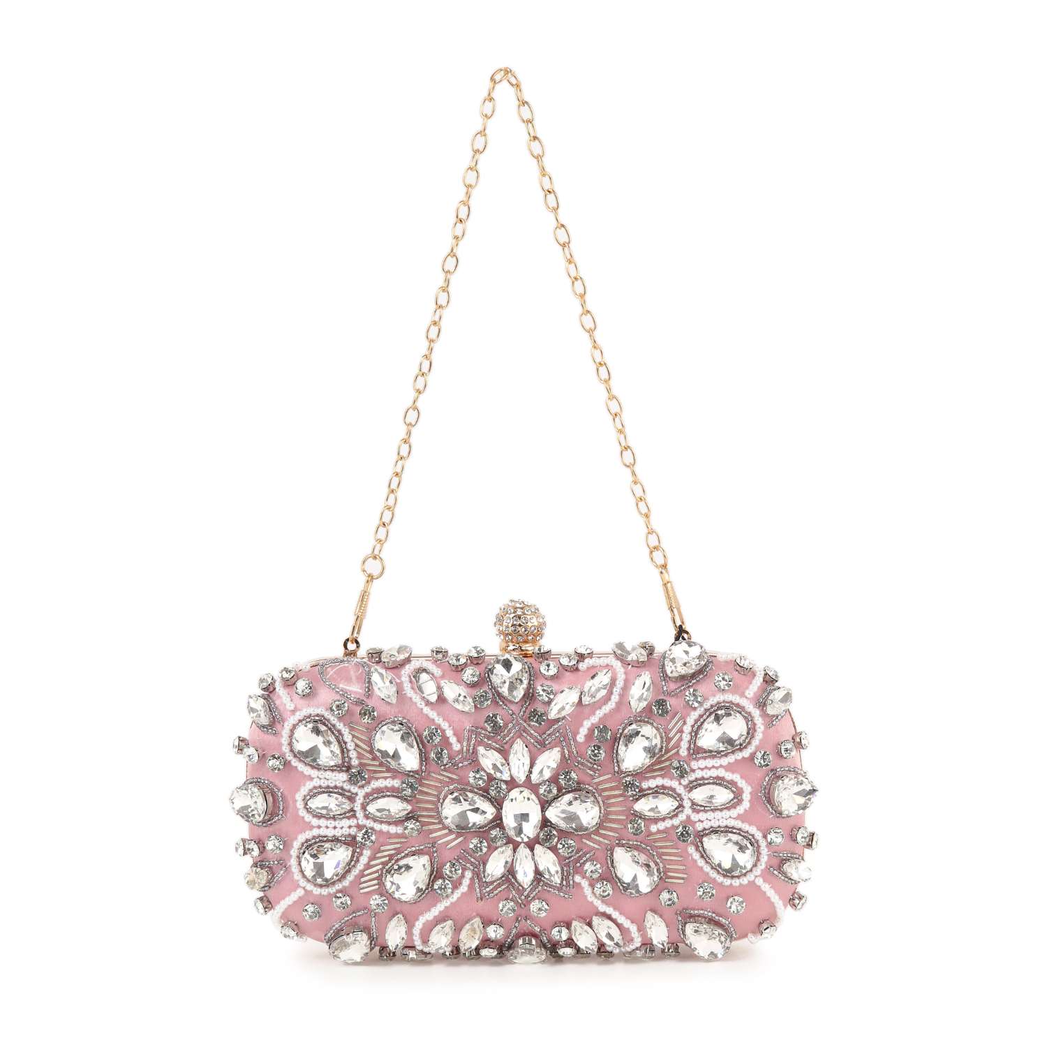 The Highly Decorative Retro Evening Bag is pink with a gold chain handle, adorned with an ornate retro pattern of silver and clear gemstones in floral and teardrop shapes.