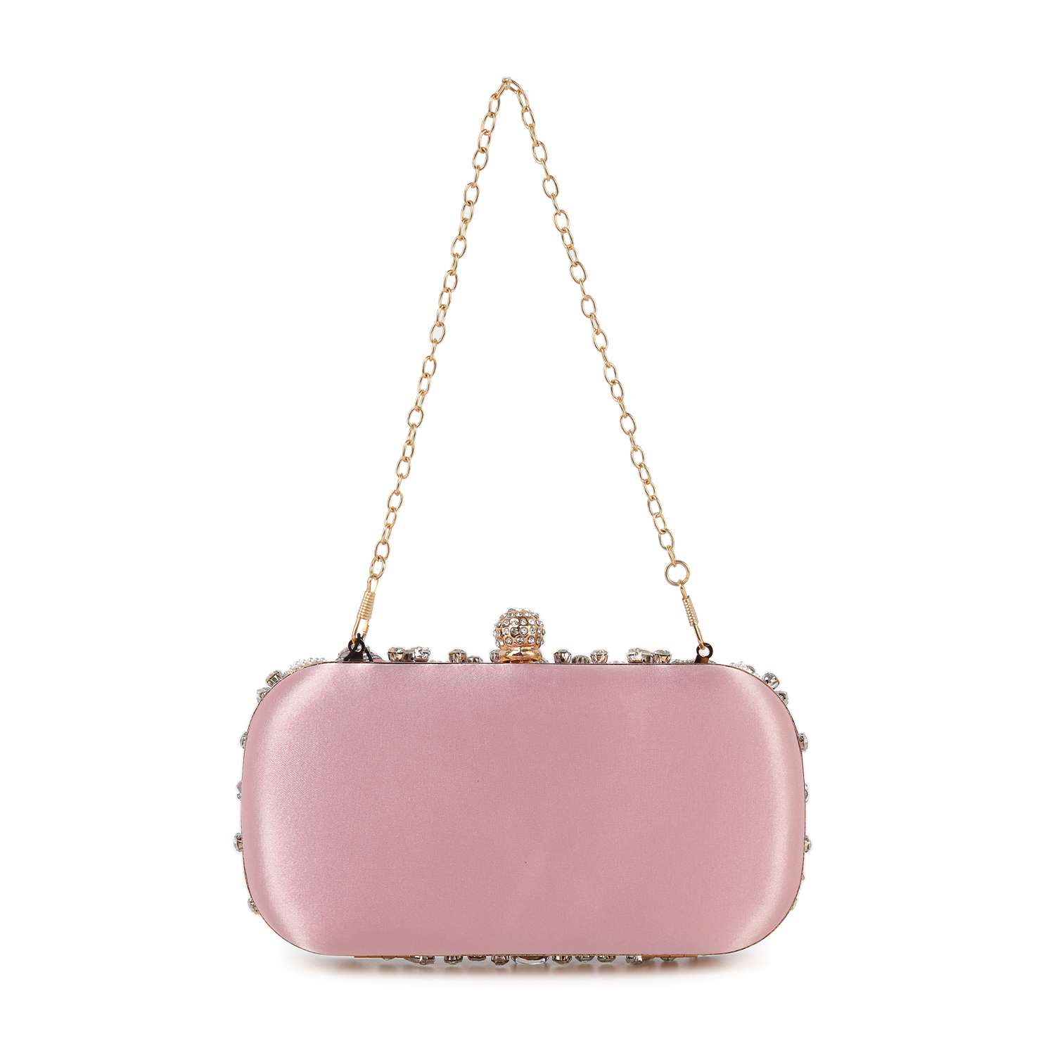 The Highly Decorative Retro Evening Bag is a rectangular pink satin bag with a gold chain handle, jeweled clasp, and rhinestone trim, shown on a white background.