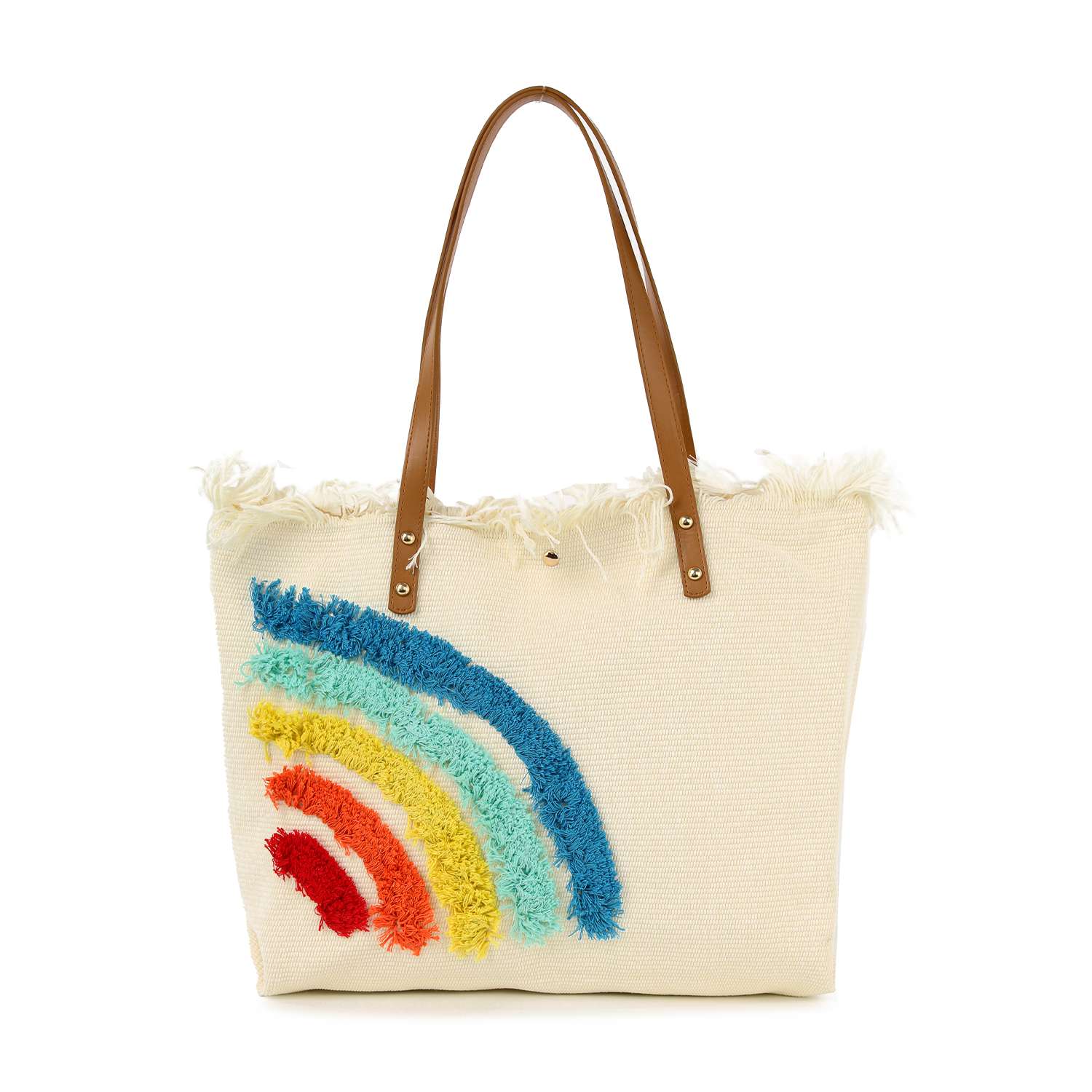 The Canvas Rainbow Design Tote is a cream canvas bag with brown handles, featuring a textured rainbow (red, orange, yellow, green, blue) on the front and frayed fringe along the top. Stylish and practical, its tablet compatible.