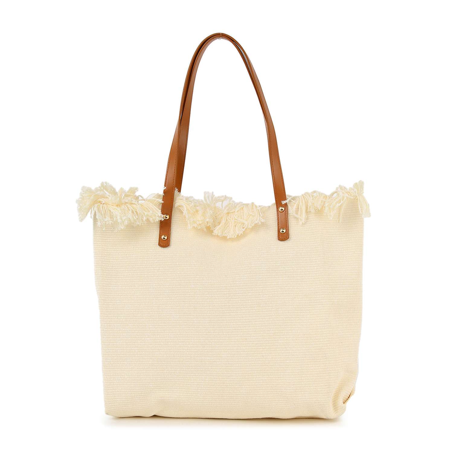 The Canvas Rainbow Design Tote is a beige canvas bag with brown faux leather shoulder straps, fringe detailing on the top edge, and tablet compatibility, shown against a white background.