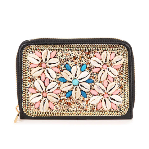 Beaded Shell Small Zip Around Wallet