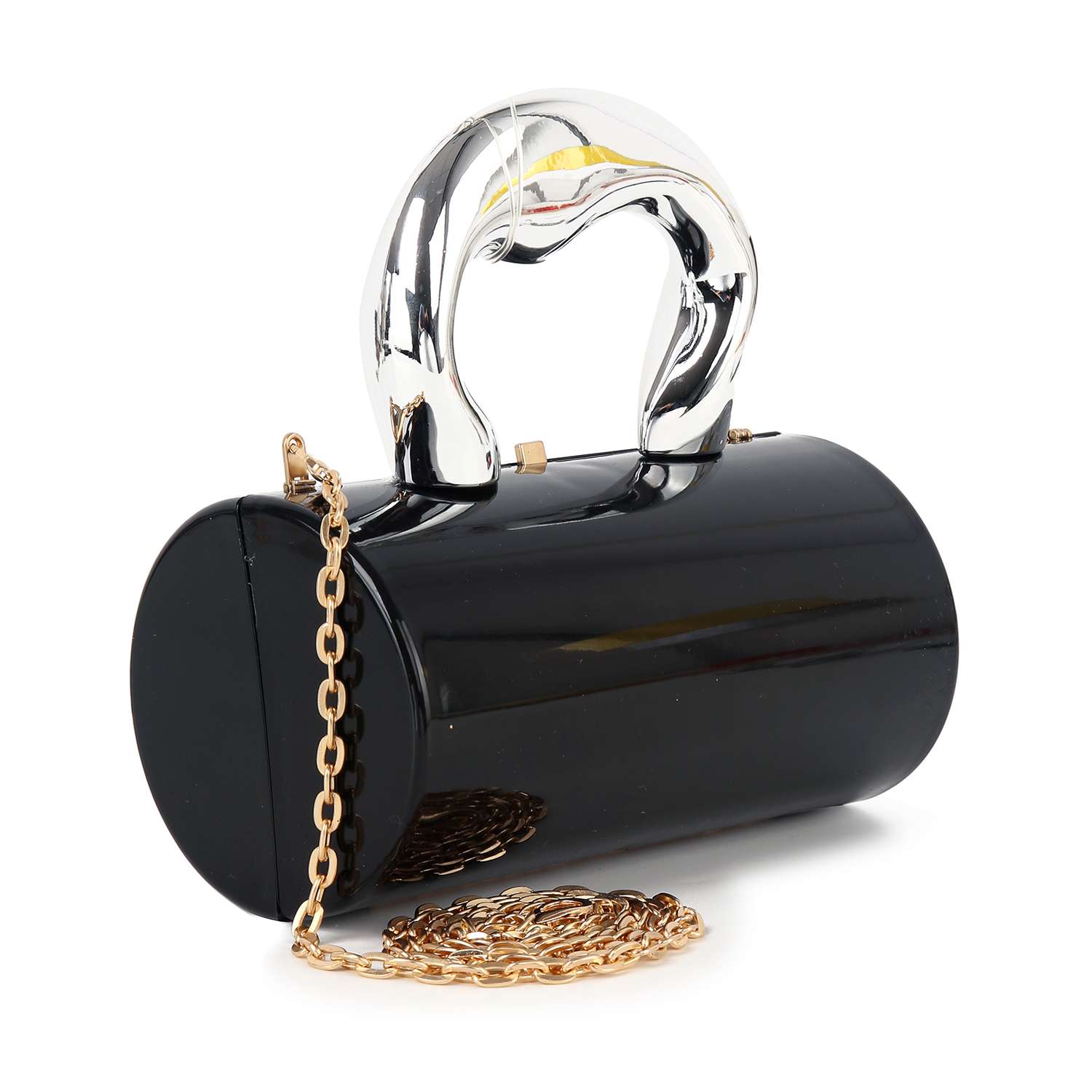 The Patent Petite Evening Bag is a black cylindrical evening bag with a shiny Art Deco handle and gold chain strap, crafted from luxurious faux leather and displayed against a white background.