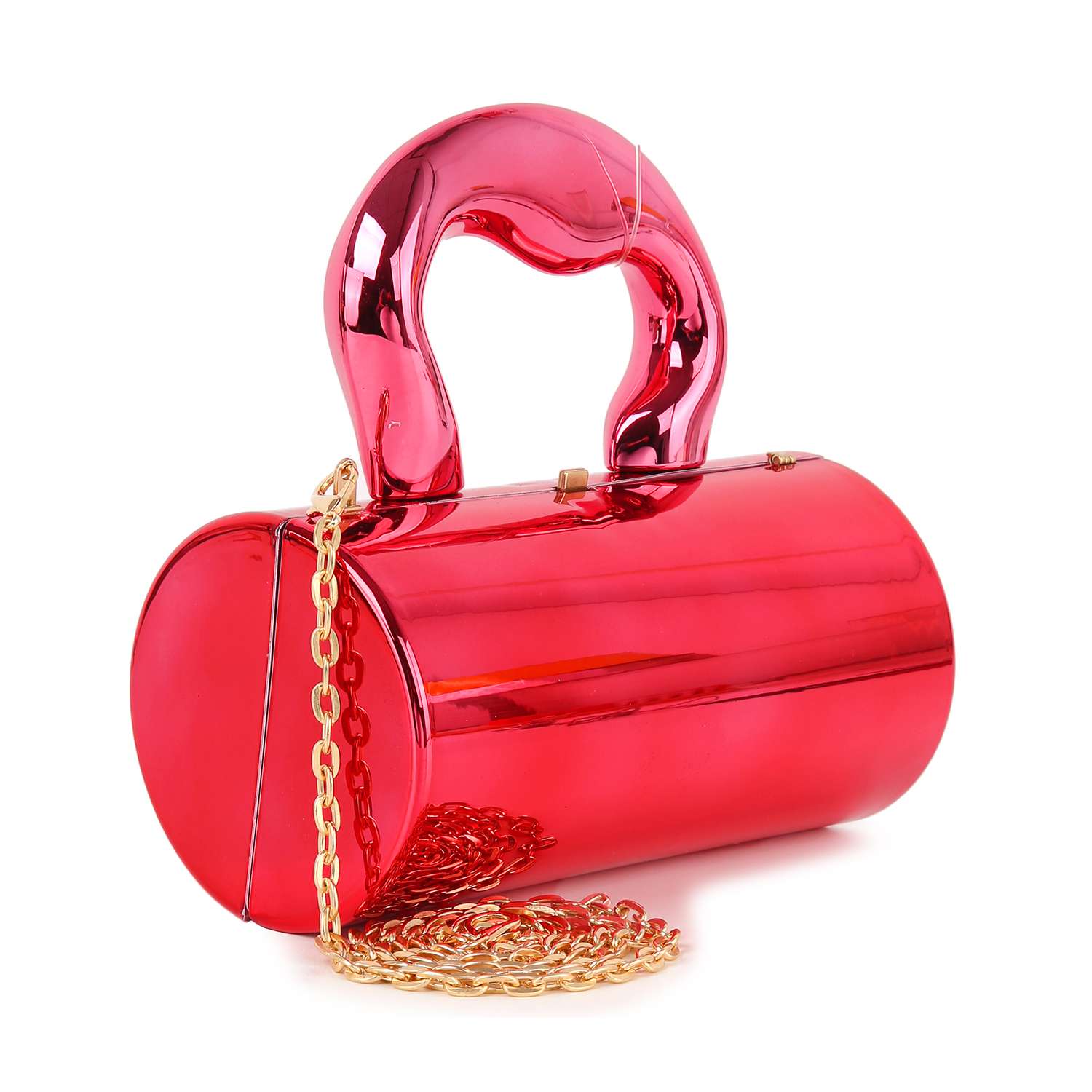 The Patent Petite Evening Bag is a shiny red, cylindrical faux leather evening bag with an Art Deco handle and gold chain strap, displayed on a white background.