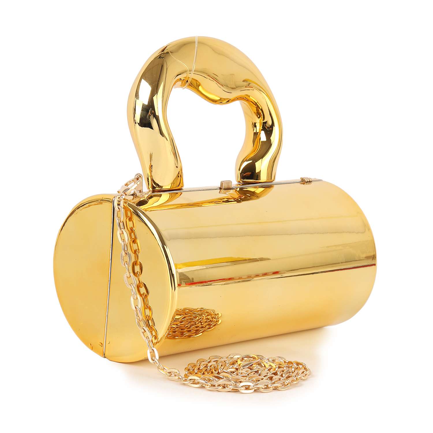 The Patent Petite Evening Bag is a shiny gold cylindrical purse with a curved Art Deco handle and matching chain strap, made from luxe faux leather with a metallic, reflective finish. Displayed on a white background.
