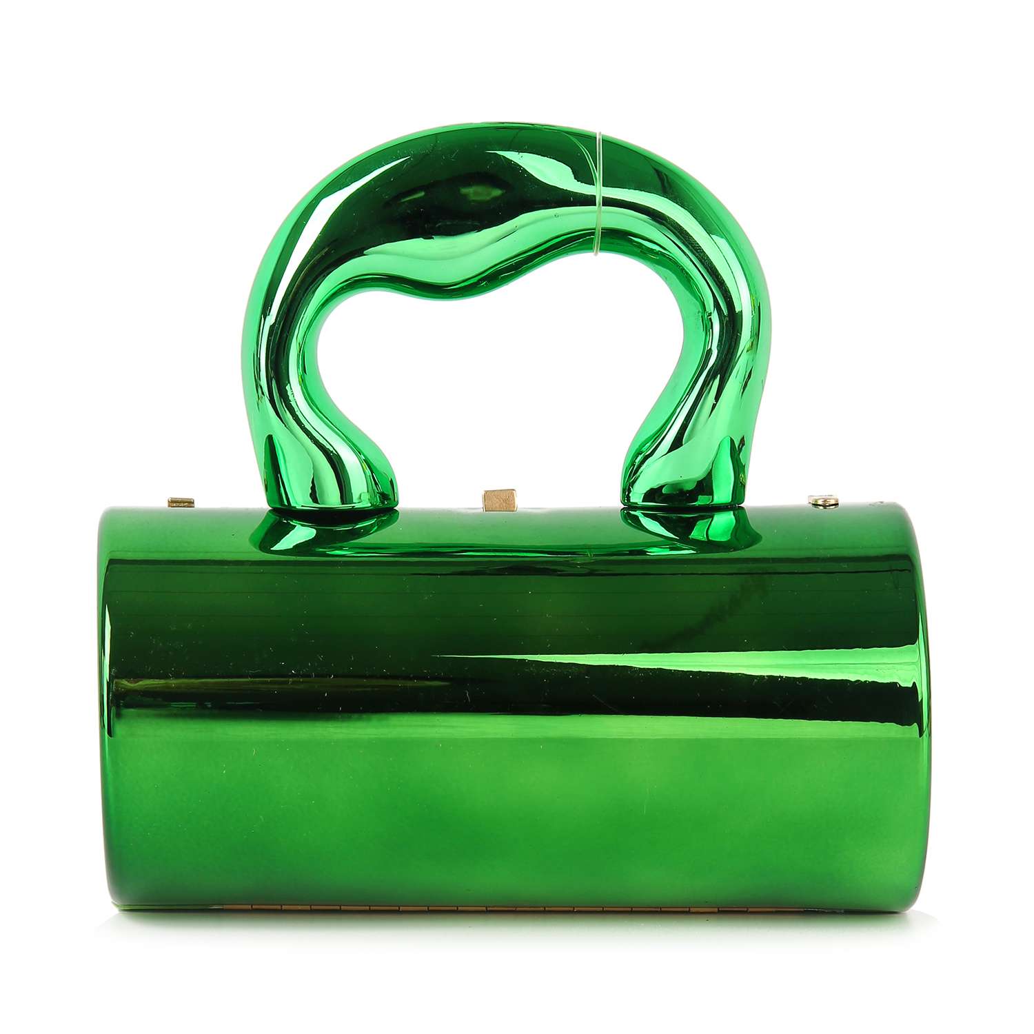 The Patent Petite Evening Bag features a shiny metallic green faux leather finish, a unique Art Deco handle, and a cylindrical body, all showcased against a white background.