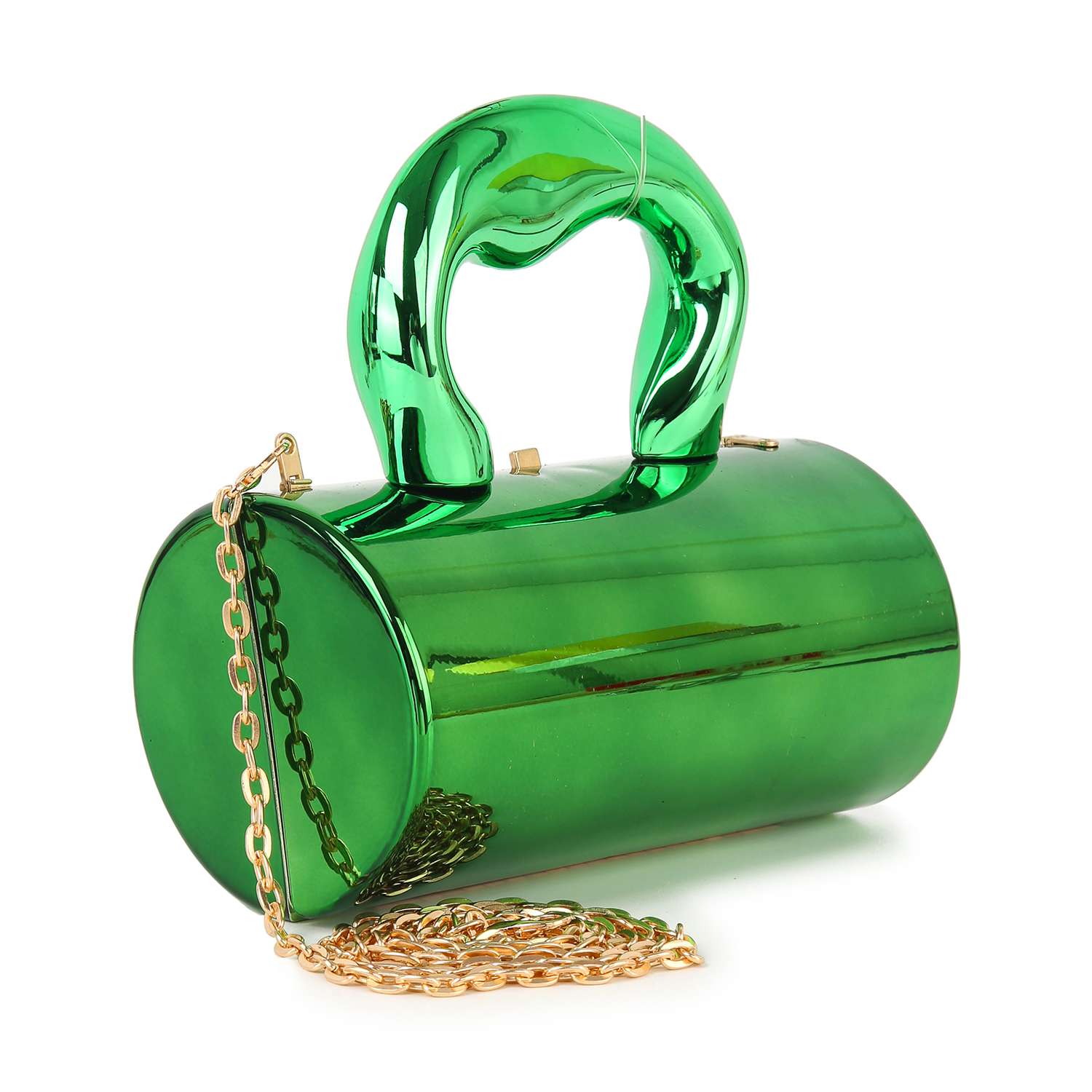 The Patent Petite Evening Bag is a shiny metallic green faux leather cylinder with a large Art Deco handle and gold chain strap, shown against a white background.