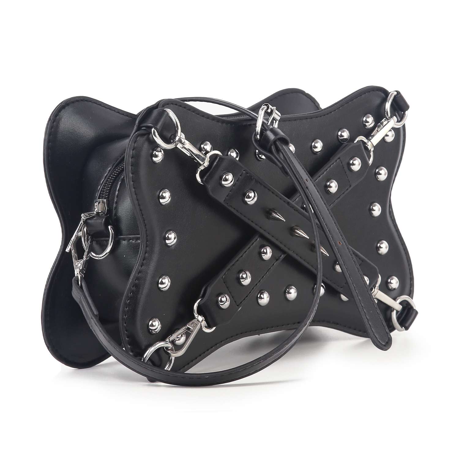 The Studded Belted Shoulder Bag features black faux leather in a curvy design with silver studs, metal accents, and multiple straps. Silver hardware adds a modern edge to this tablet-compatible shoulder bag.