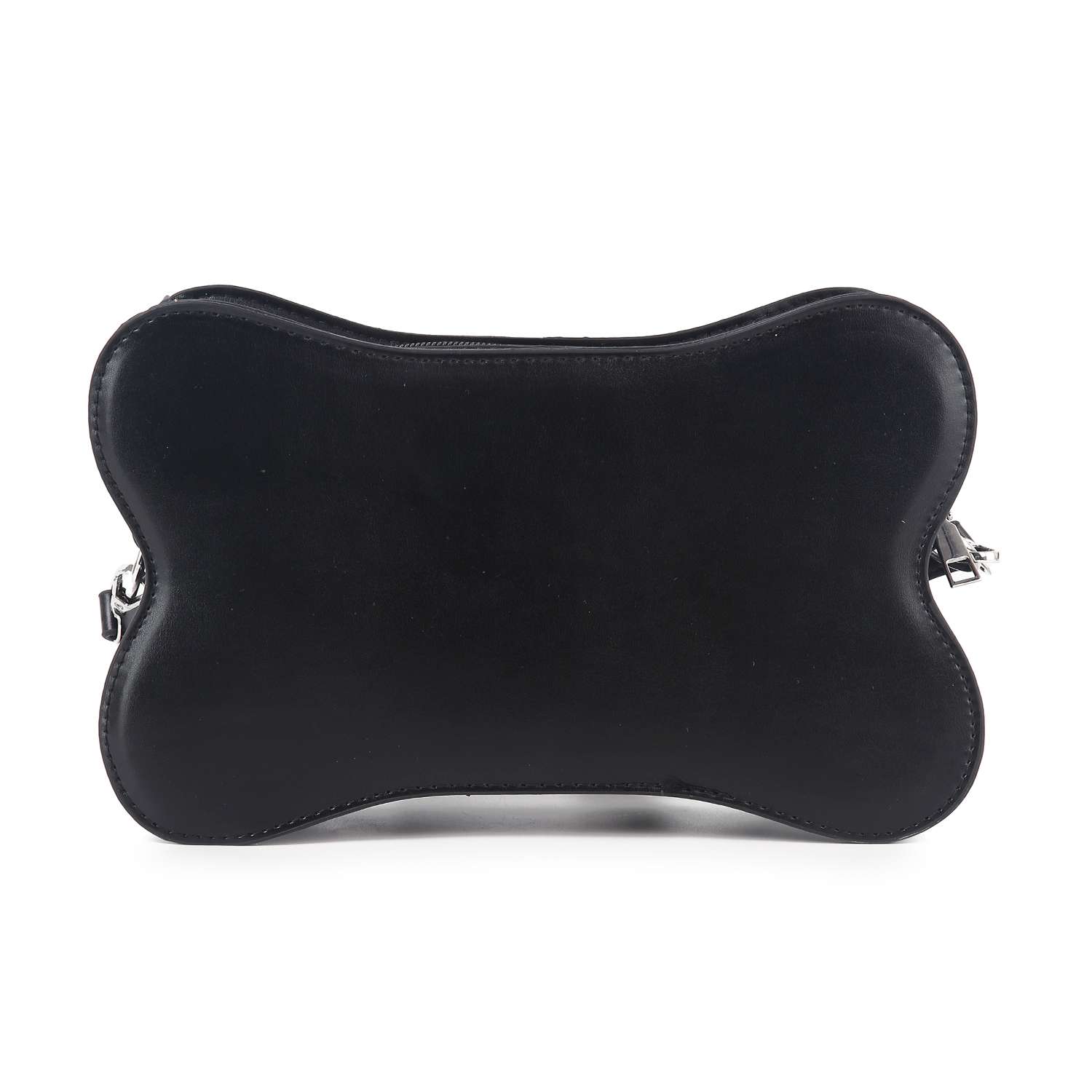 The Studded Belted Shoulder Bag is a black faux leather handbag shaped like a dog bone, featuring a top zipper and silver side clips for strap attachment, shown against a white background.