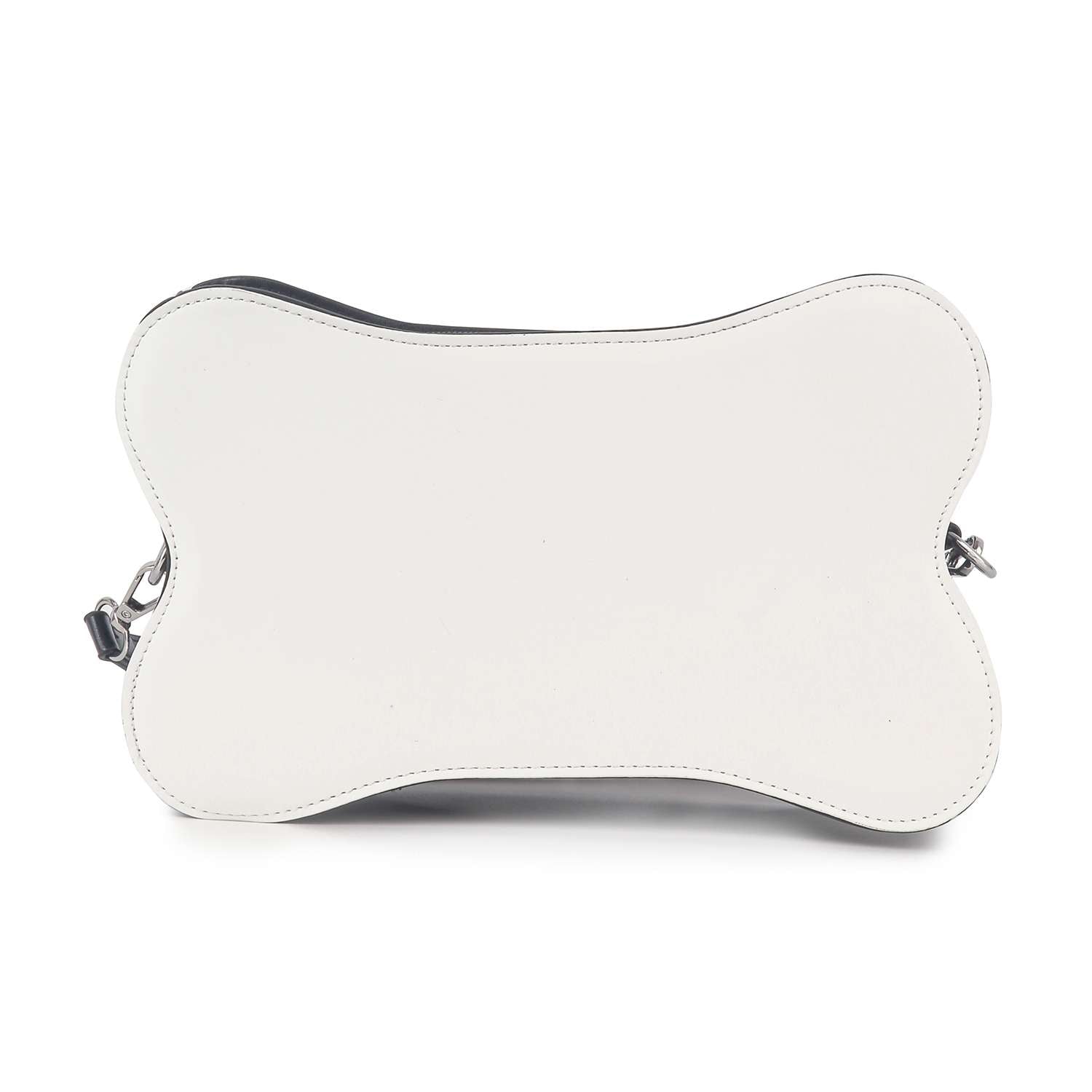 The Studded Belted Shoulder Bag is a white, bone-shaped faux leather handbag with black trim and metal hardware, shown from the front against a plain background.