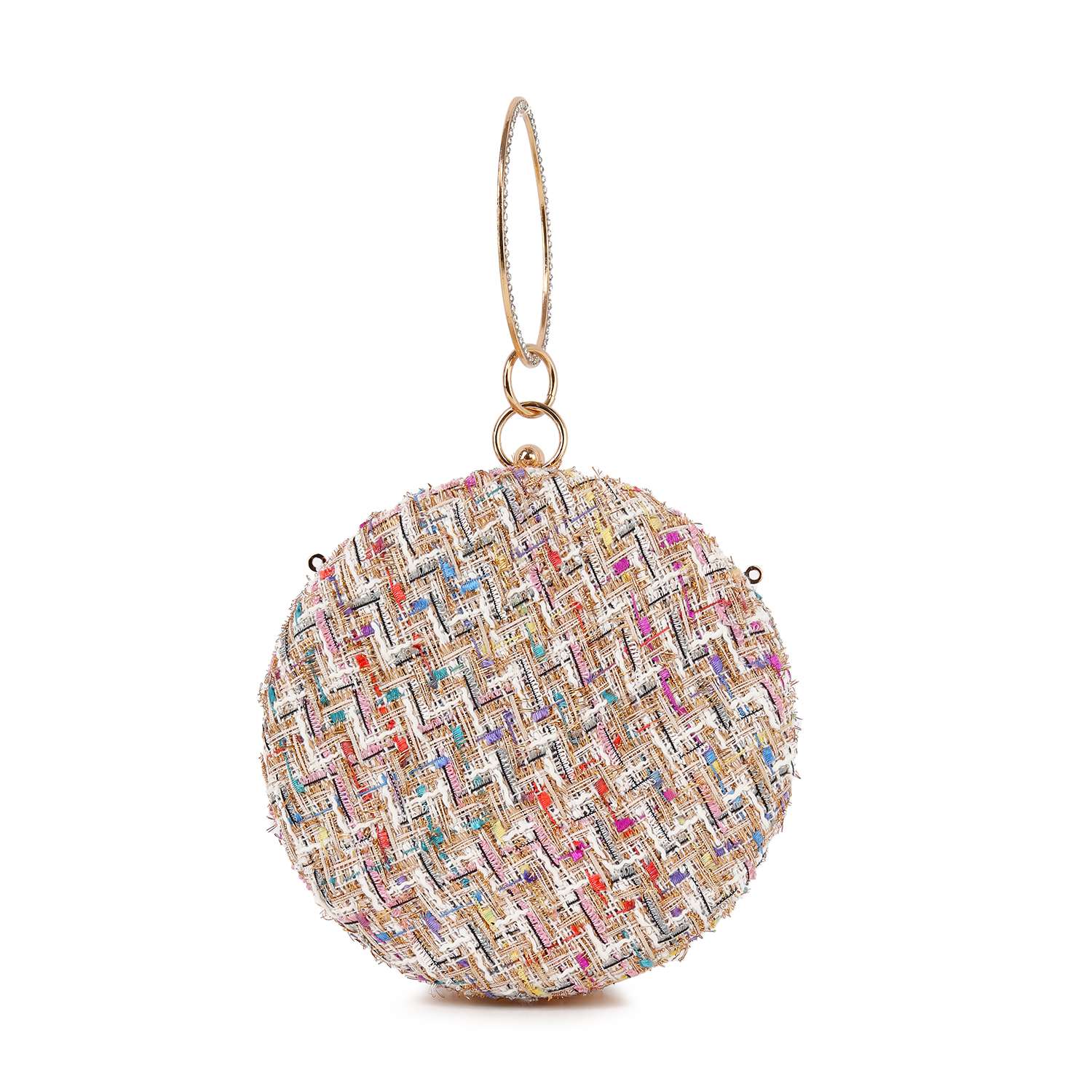 The Tweed Ball Design Evening Bag is a round clutch with a gold wrist strap, showcasing a multicolor pastel tweed pattern on beige and secured by a top clasp closure.