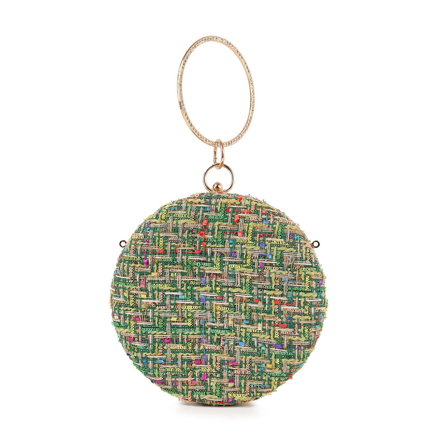 The Tweed Ball Design Evening Bag is a round, woven tweed wristlet with a multicolored green pattern and a gold circular handle at the top.