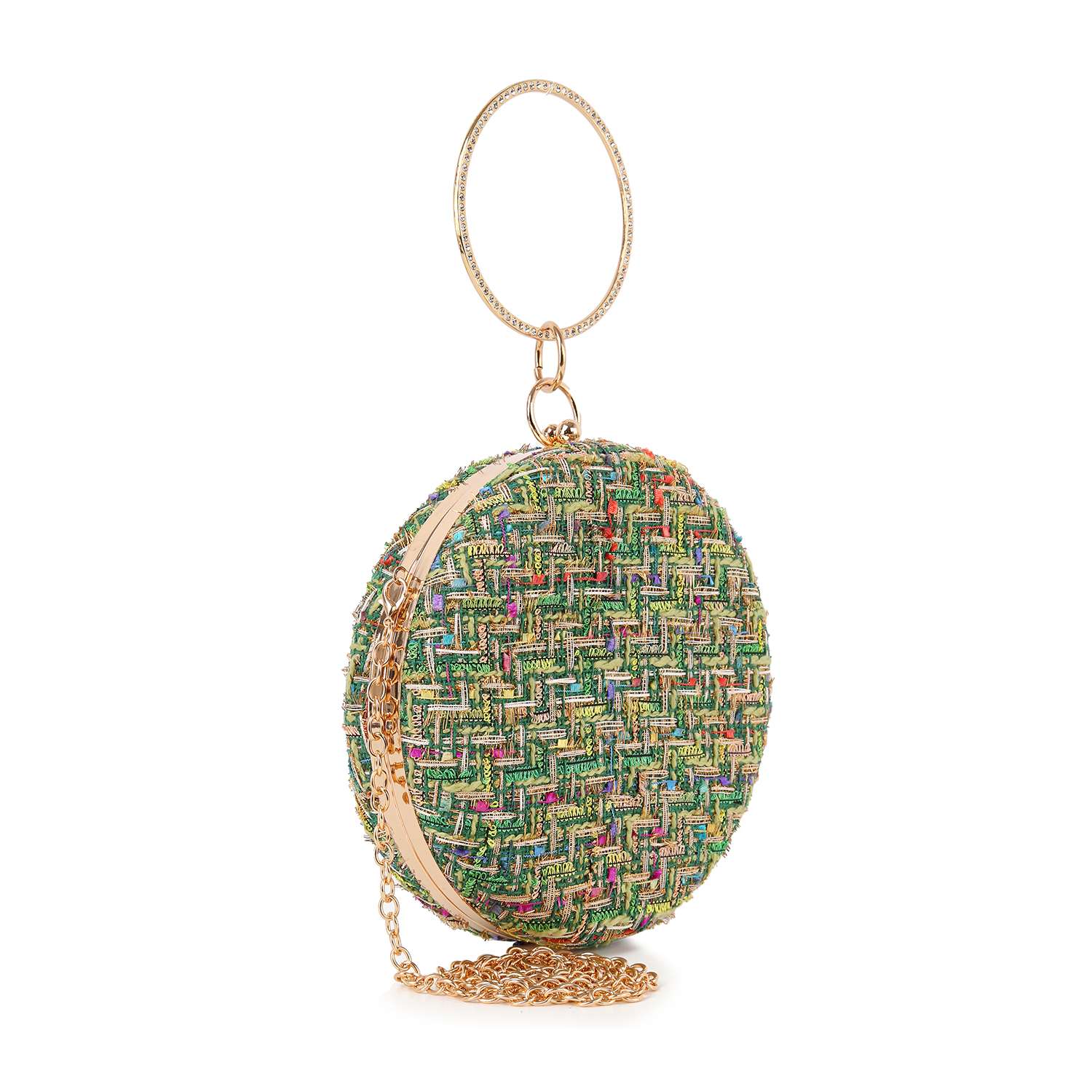 The Tweed Ball Design Evening Bag features a green, multicolored woven pattern, gold metallic trim, a circular gold handle, chain strap, and top clasp closure, shown on a white background.