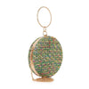 The Tweed Ball Design Evening Bag features a green, multicolored woven pattern, gold metallic trim, a circular gold handle, chain strap, and top clasp closure, shown on a white background.