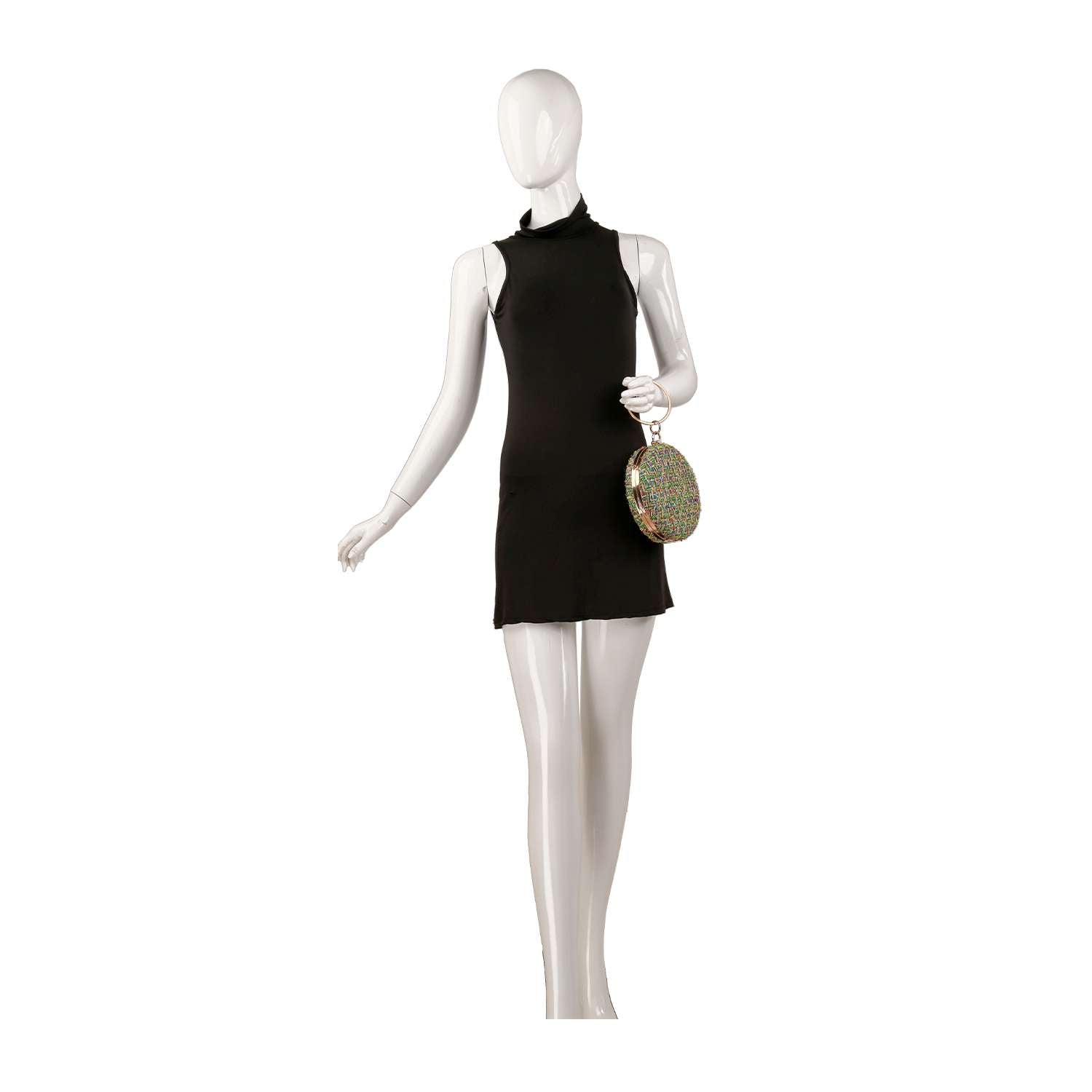 A mannequin in a sleeveless black mini dress holds the Tweed Ball Design Evening Bag with a short chain strap, posed against a plain white background.