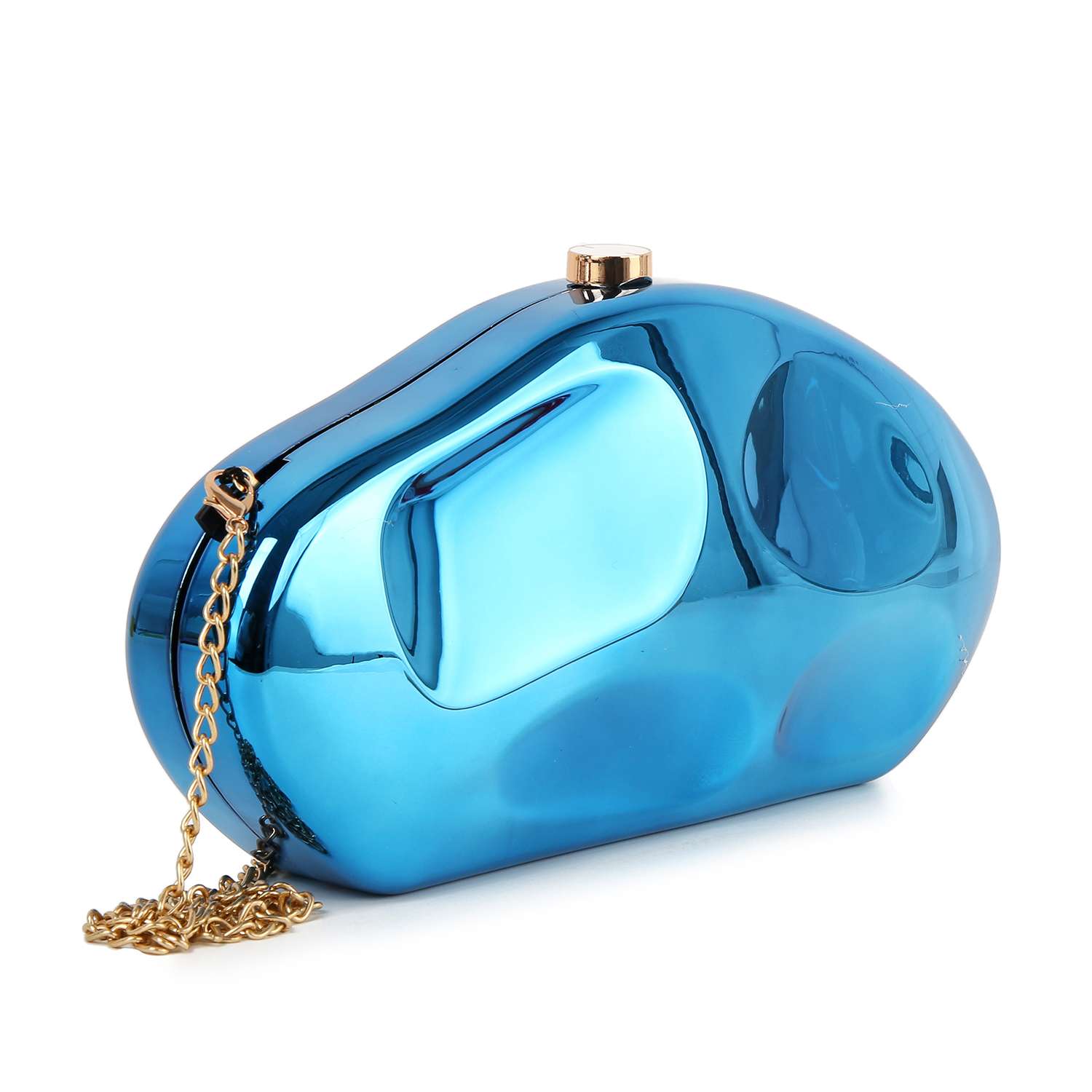 The Modern Patent Petite Shoulder Bag features shiny metallic blue faux patent leather, an irregular pebble-inspired shape, a gold detachable chain strap, and is displayed against a white background.