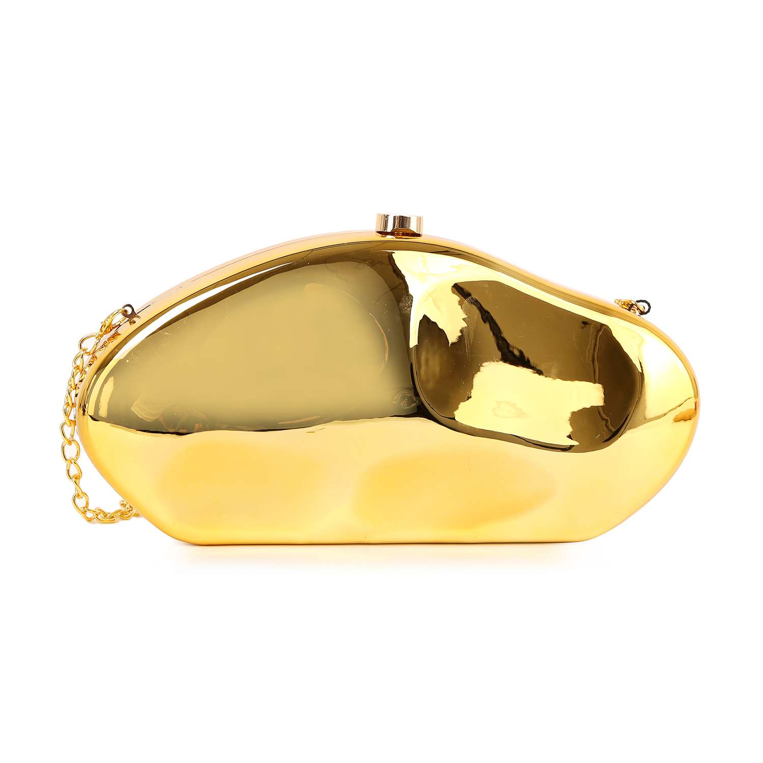 The Modern Patent Petite Shoulder Bag is a shiny gold, asymmetrical clutch with a smooth faux patent leather finish, top clasp closure, and a small gold chain on the side.