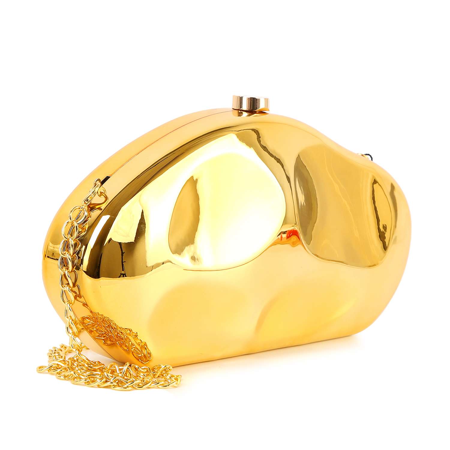 The Modern Patent Petite Shoulder Bag features shiny gold faux patent leather, an abstract rounded shape, a top clasp closure, and a detachable chain strap, displayed against a white background.