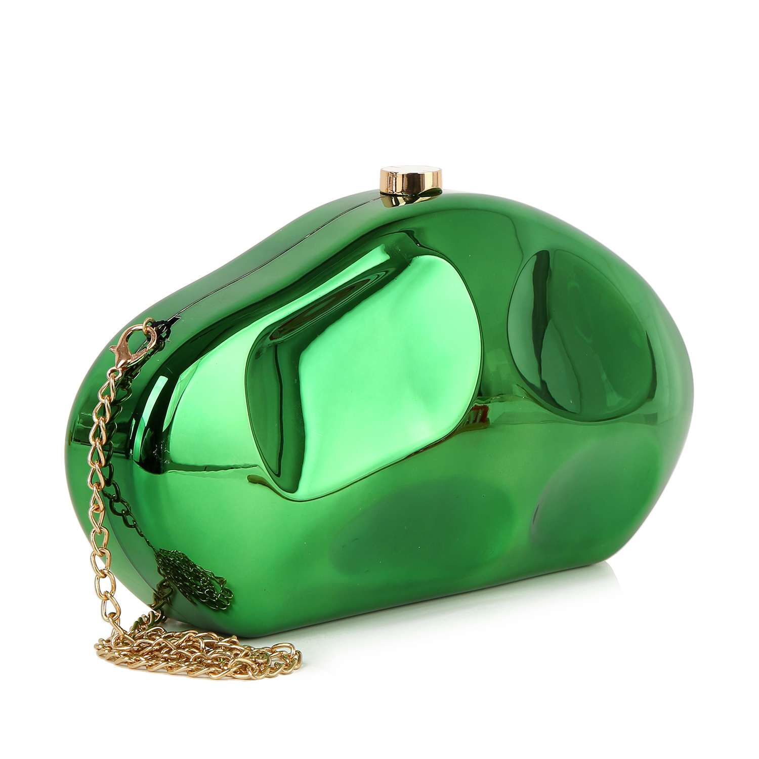 The Modern Patent Petite Shoulder Bag is a metallic green, abstract-shaped faux patent leather clutch with a shiny finish, gold top clasp closure, and a detachable chain strap beside it.