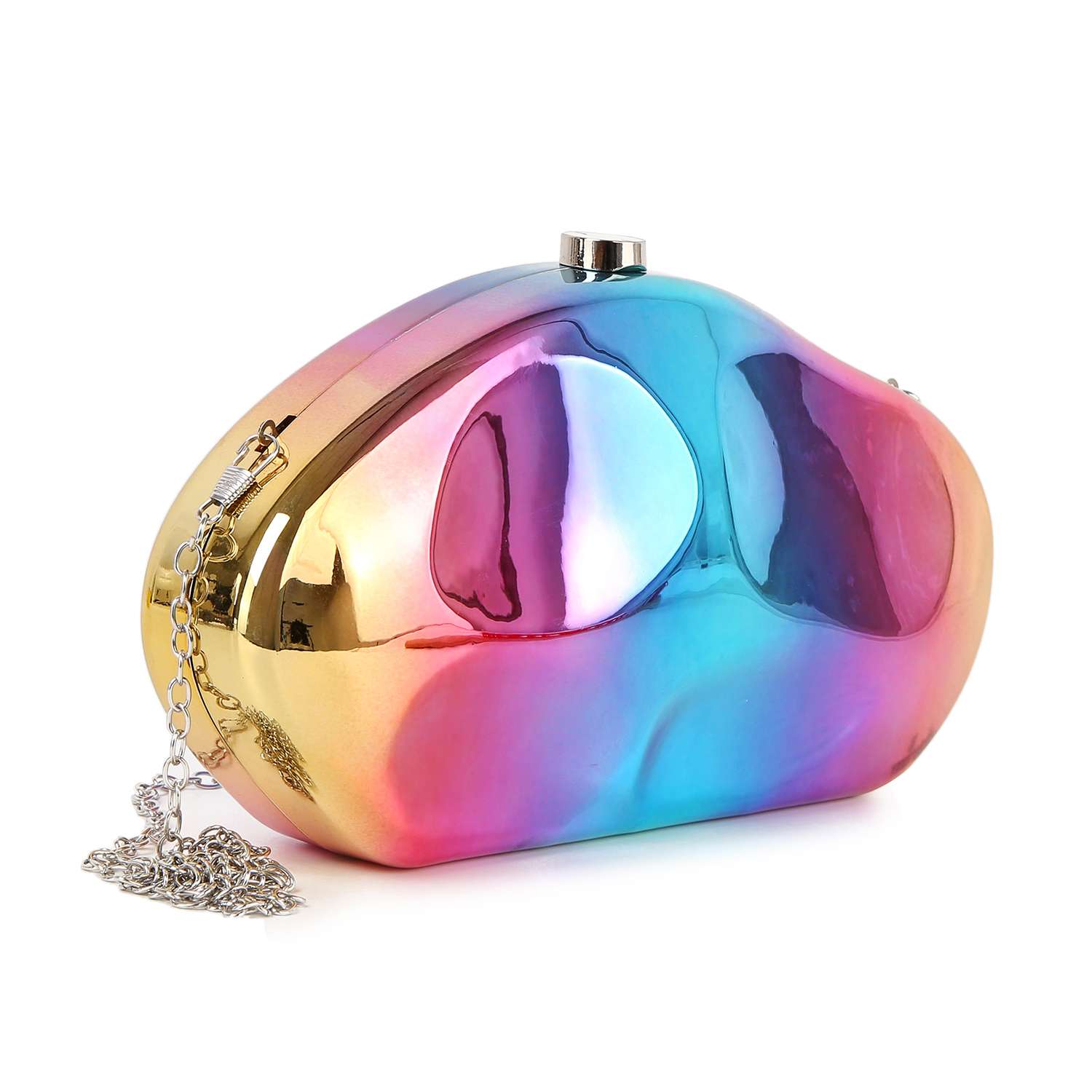 The Modern Patent Petite Shoulder Bag is a small, shiny faux patent leather clutch with an iridescent gold, pink, and blue finish. It features a top clasp closure and a detachable chain strap for versatile styling.