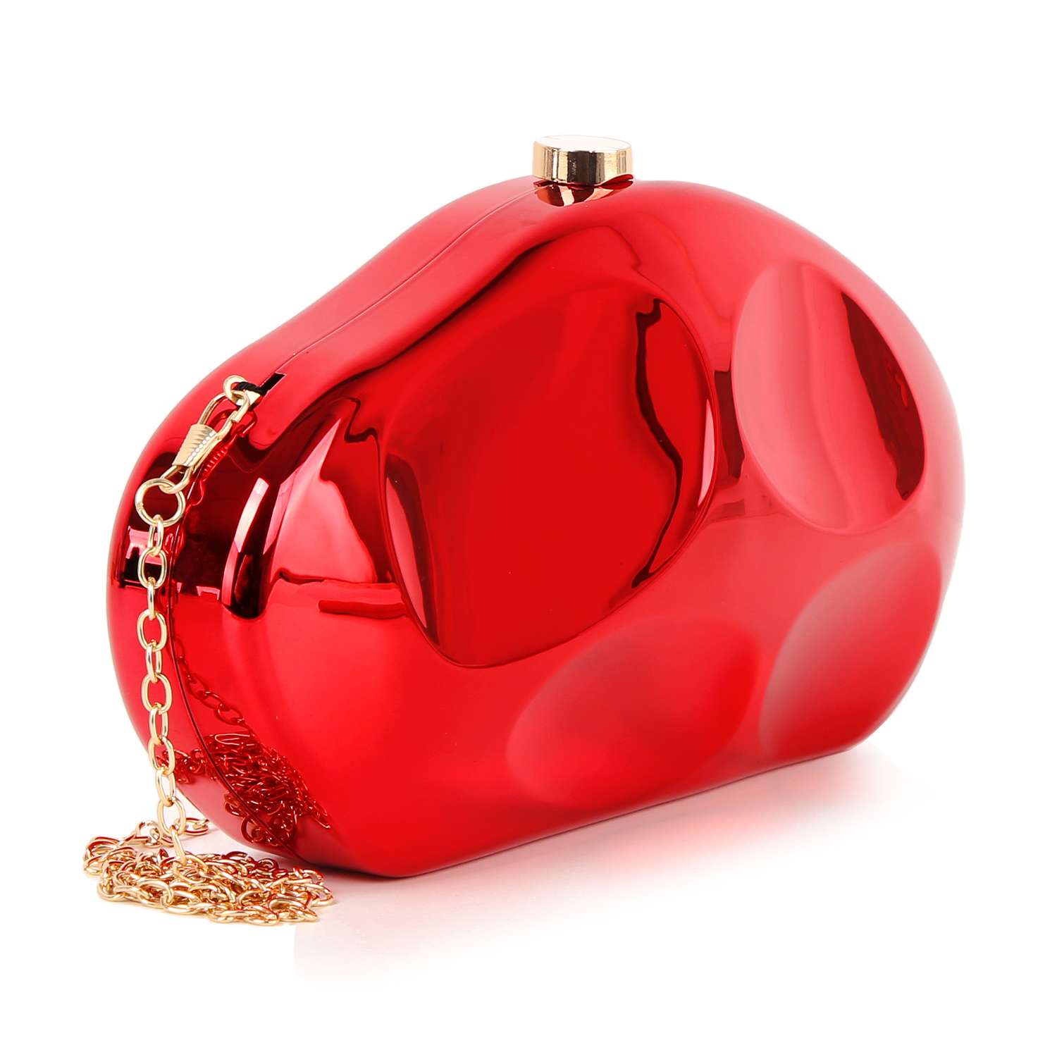 The Modern Patent Petite Shoulder Bag is a shiny red faux patent leather clutch with rounded edges, a gold top clasp closure, and a detachable chain strap placed beside it.