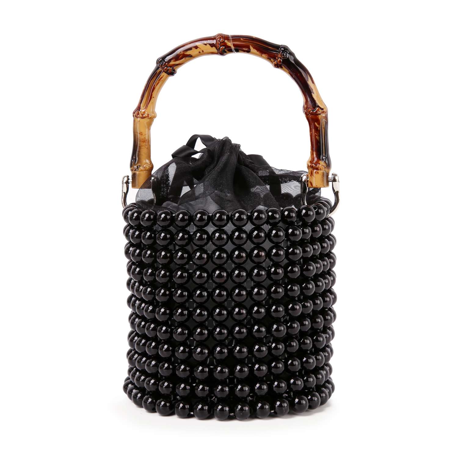 The Beaded Unique Evening Bag features a round black beaded design, a brown bamboo handle, and an inner pouch with a convenient drawstring closure.