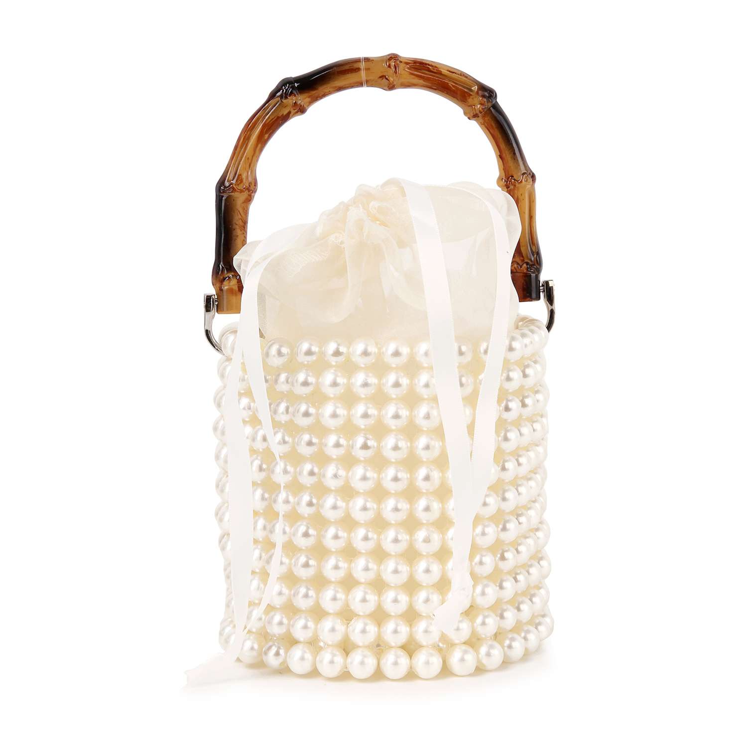 The Beaded Unique Evening Bag is a petite, round handbag with a beaded silhouette, pearl bead accents, bamboo handle, and a cream-colored drawstring closure at the top.
