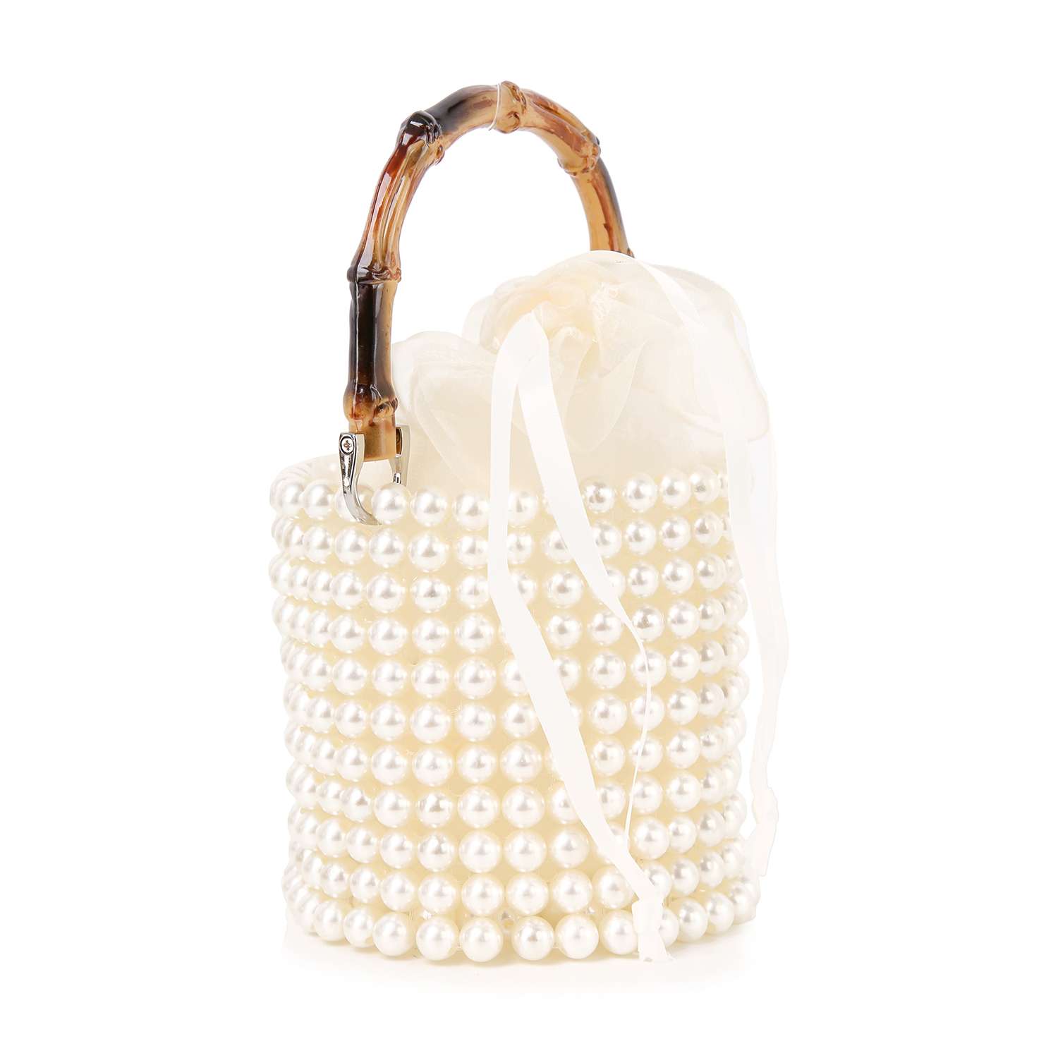 The Beaded Unique Evening Bag is a petite, cylindrical handbag adorned with white pearls, featuring a curved bamboo handle and finished with a sheer cream ribbon tied at the top.