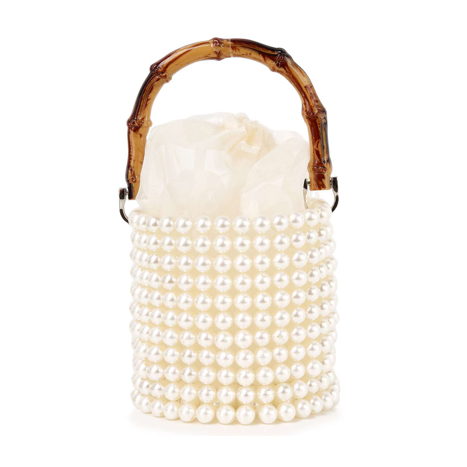 The Beaded Unique Evening Bag features a petite beaded silhouette with rows of white pearls, a bamboo-style handle, and a sheer ivory drawstring pouch inside.