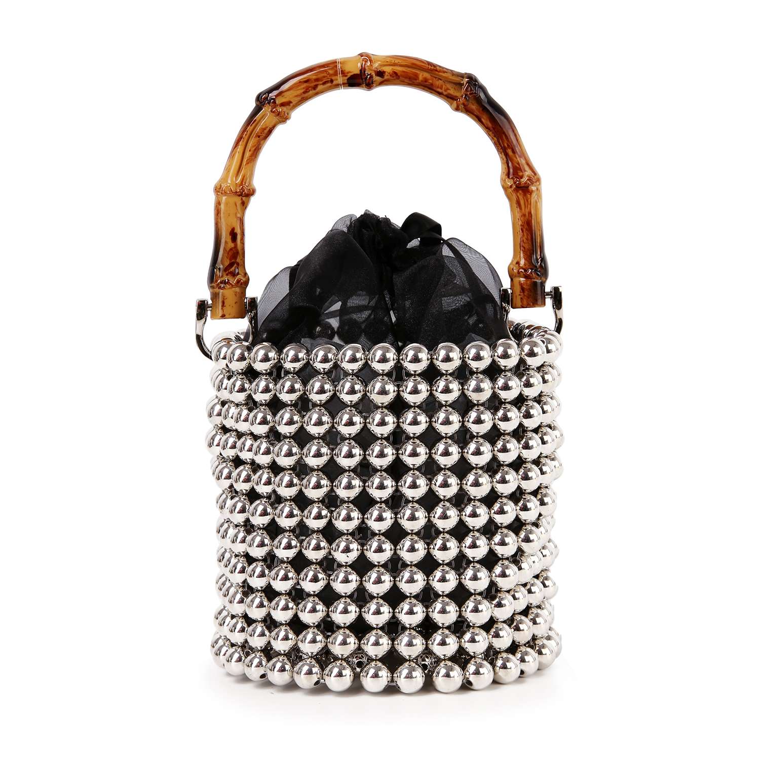 The Beaded Unique Evening Bag is a petite, cylindrical bucket bag with shiny silver beads, a brown bamboo handle, and a black fabric drawstring closure at the top.