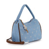 The Cute Petite Denim Hobo is a light blue denim handbag with double handles, white patterned dots, a zipper closure, and a beaded tassel decoration on the handle.