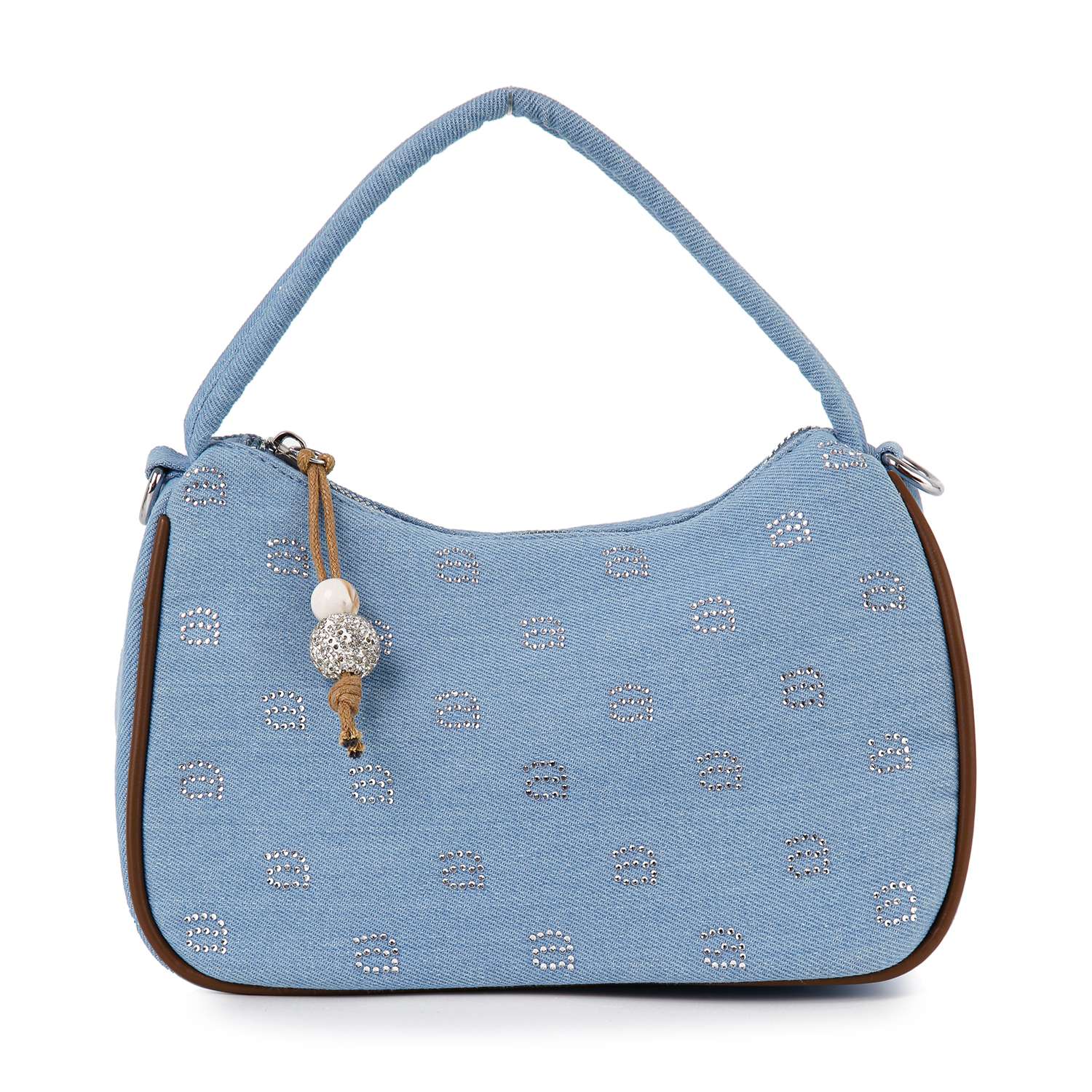 The Cute Petite Denim Hobo is a light blue denim handbag with double handles, silver stud polka dots, brown trim, and a beaded side charm featuring a silver sphere and two white beads.