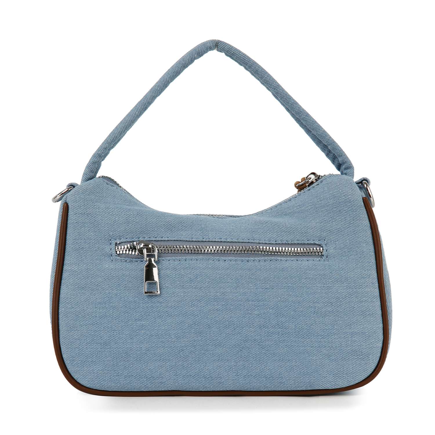 The Cute Petite Denim Hobo is a light blue denim handbag with a single strap, a front small zippered pocket, and brown trim on the edges, shown against a white background.