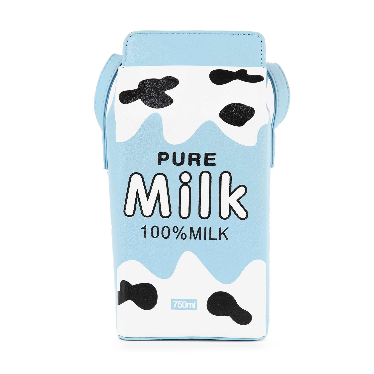 The Cute Carton Style Shoulder Bag is a faux leather, blue and white bag with playful cow spots, a 750ml label, PURE Milk 100% MILK text, and a single strap for easy carrying. Designed to resemble a milk carton.