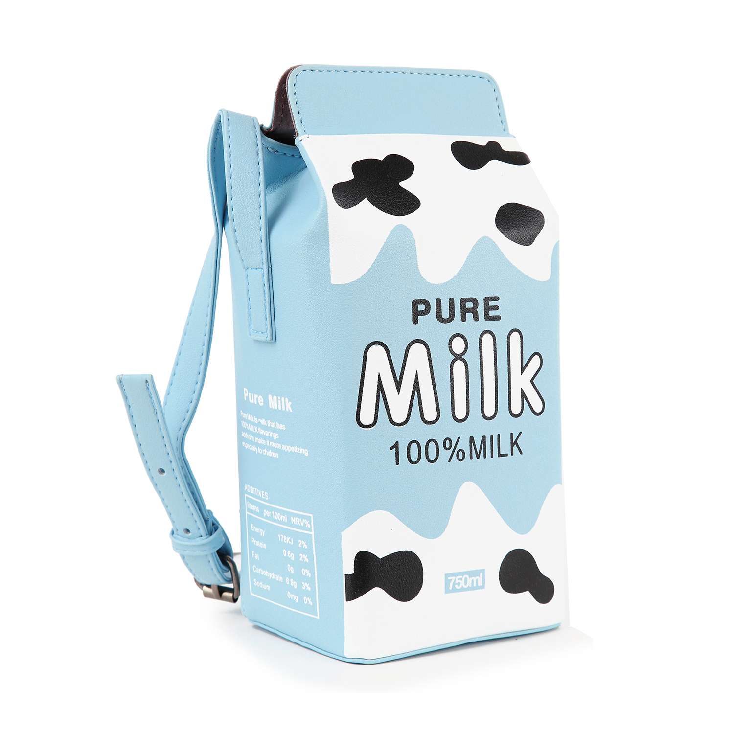 The Cute Carton Style Shoulder Bag is a faux leather purse shaped like a blue and white milk carton with cow spots, labeled Pure Milk 100% MILK, featuring a single strap and playful nutrition facts on the side.