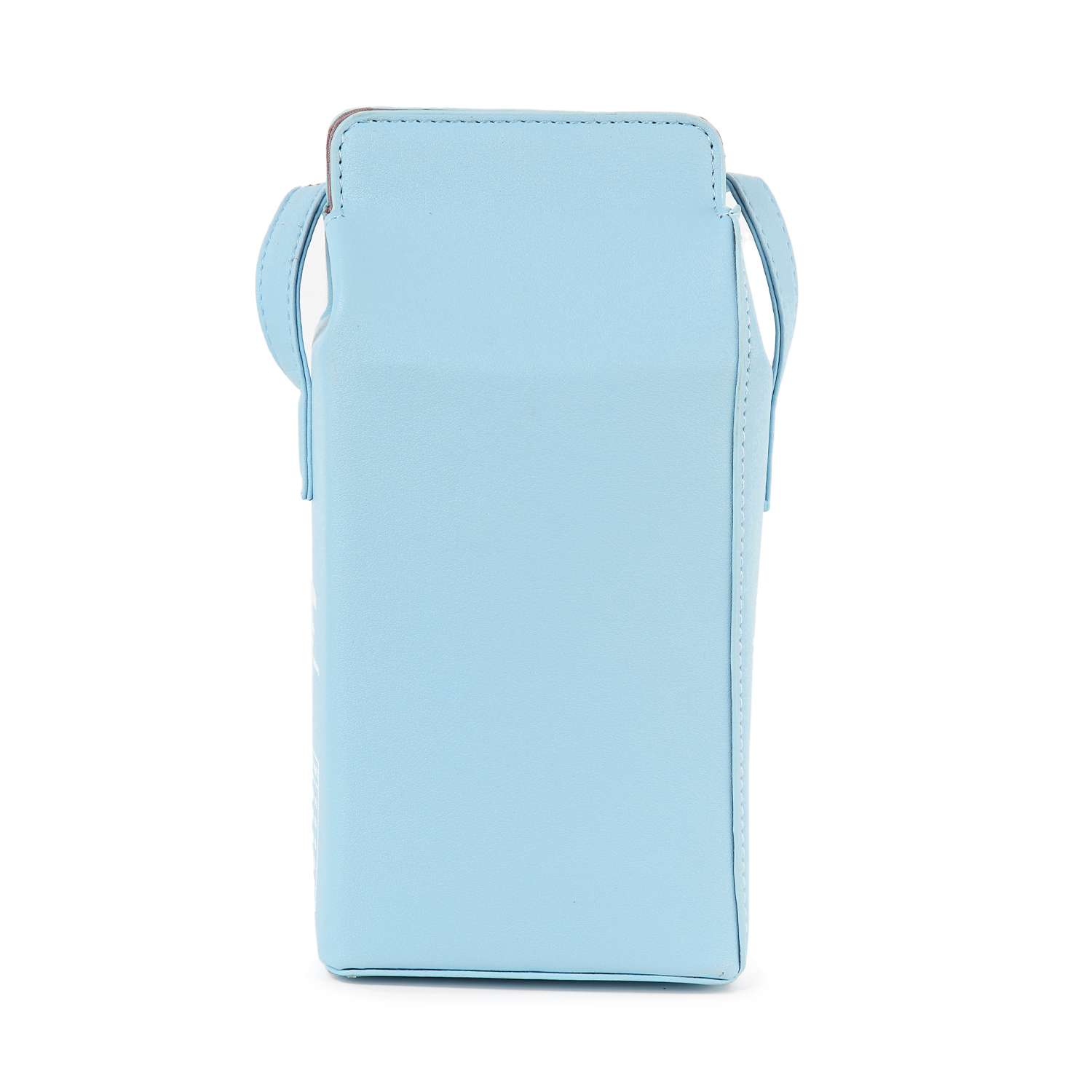 The Cute Carton Style Shoulder Bag is a light blue, rectangular faux leather bag with side handles, shown upright against a white background. Its simple, minimalist design highlights its charming carton-inspired style.