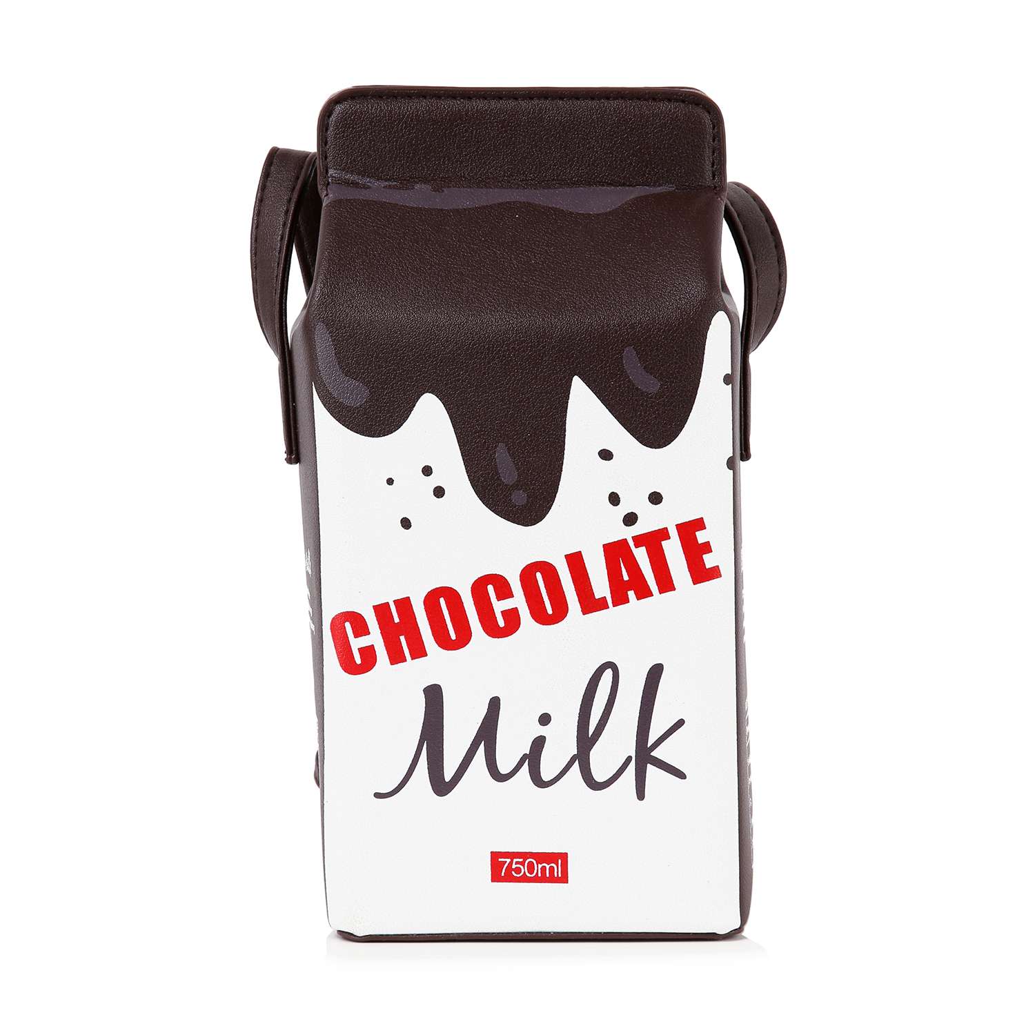 The Cute Carton Style Shoulder Bag is a faux leather handbag shaped like a chocolate milk carton, featuring CHOCOLATE Milk text, chocolate drip graphics, a single strap, carton details, and a 750ml volume label.