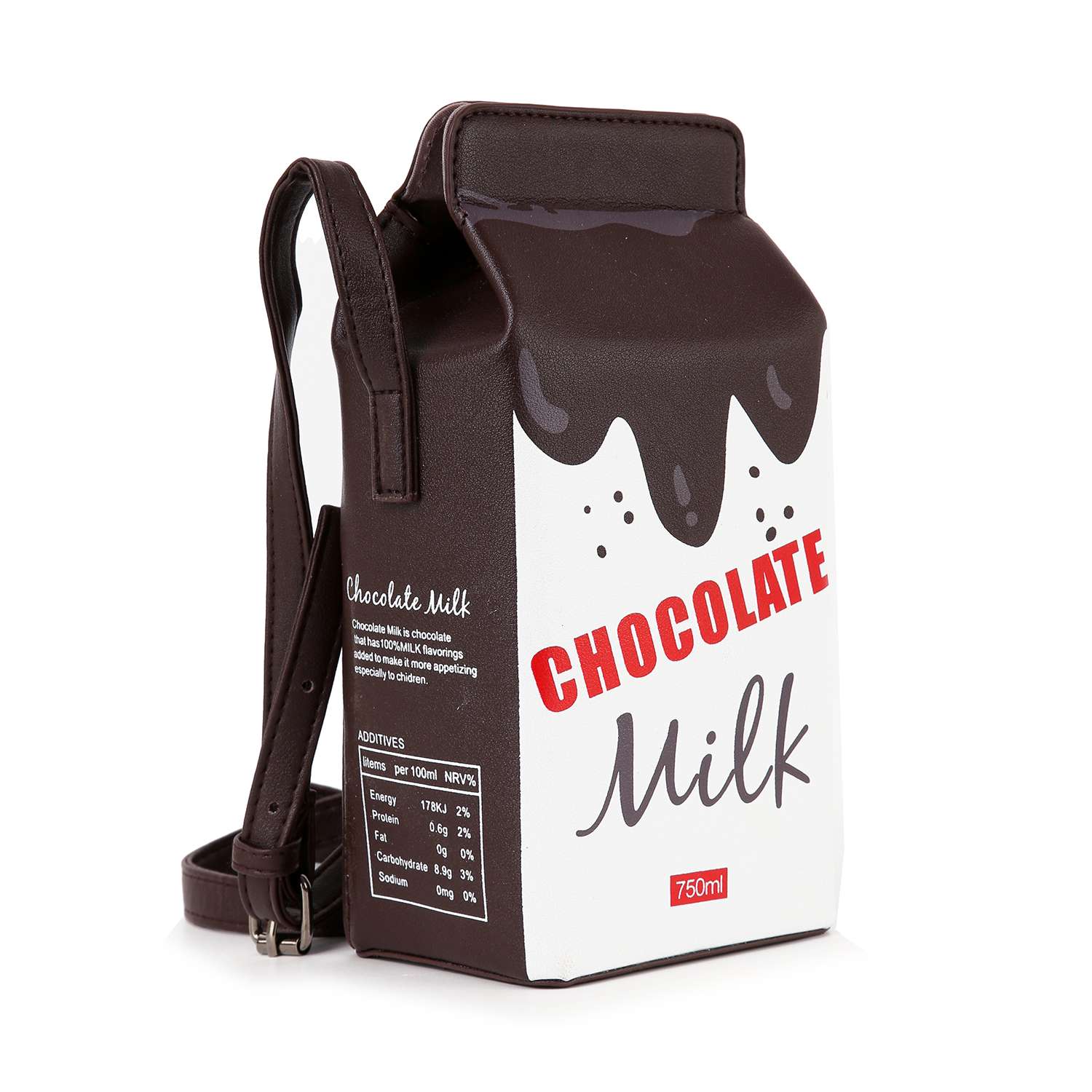The Cute Carton Style Shoulder Bag is a faux leather purse shaped like a chocolate milk carton, featuring a brown top, white body with CHOCOLATE Milk text, nutrition facts on the side, and a single strap for easy carrying.