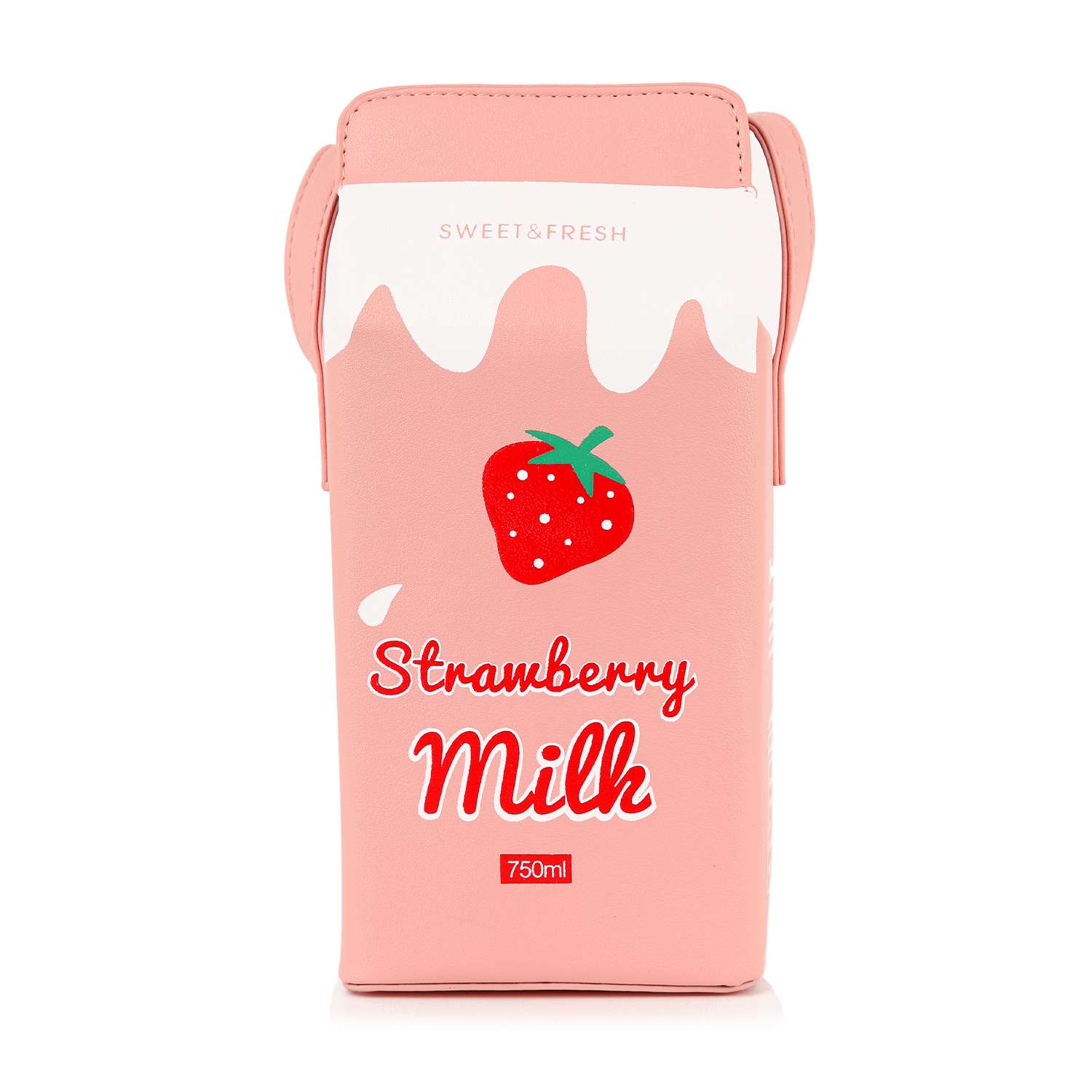 The Cute Carton Style Shoulder Bag is a pink faux leather shoulder bag shaped like a strawberry milk carton, featuring a strawberry illustration, “Strawberry Milk” text, and white drip design. Includes a single strap for easy carrying.