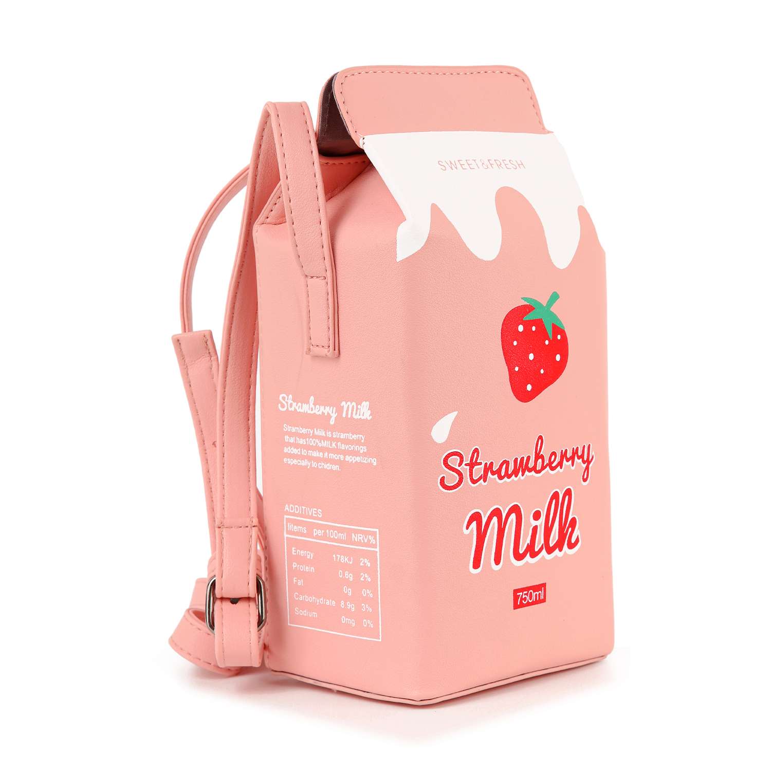 The Cute Carton Style Shoulder Bag is a pink faux leather backpack shaped like a strawberry milk carton, with a strawberry illustration, splash of milk graphic, Strawberry Milk text on the front, plus a single strap and buckle.