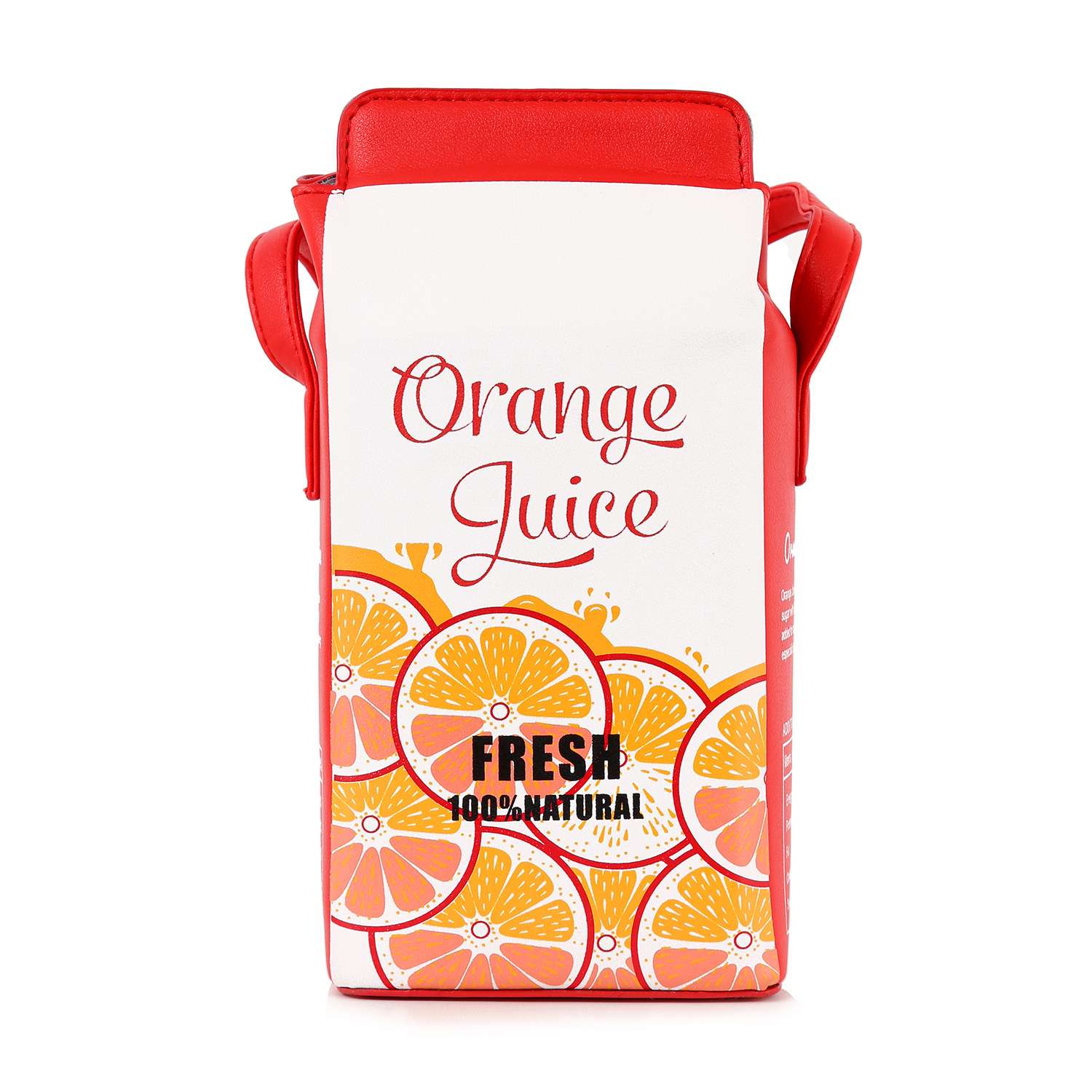 The Cute Carton Style Shoulder Bag is a rectangular 21L faux leather bag styled like an orange juice carton, featuring a red top, single strap handle, orange slice graphics, and Orange Juice and Fresh 100% Natural printed on the front.