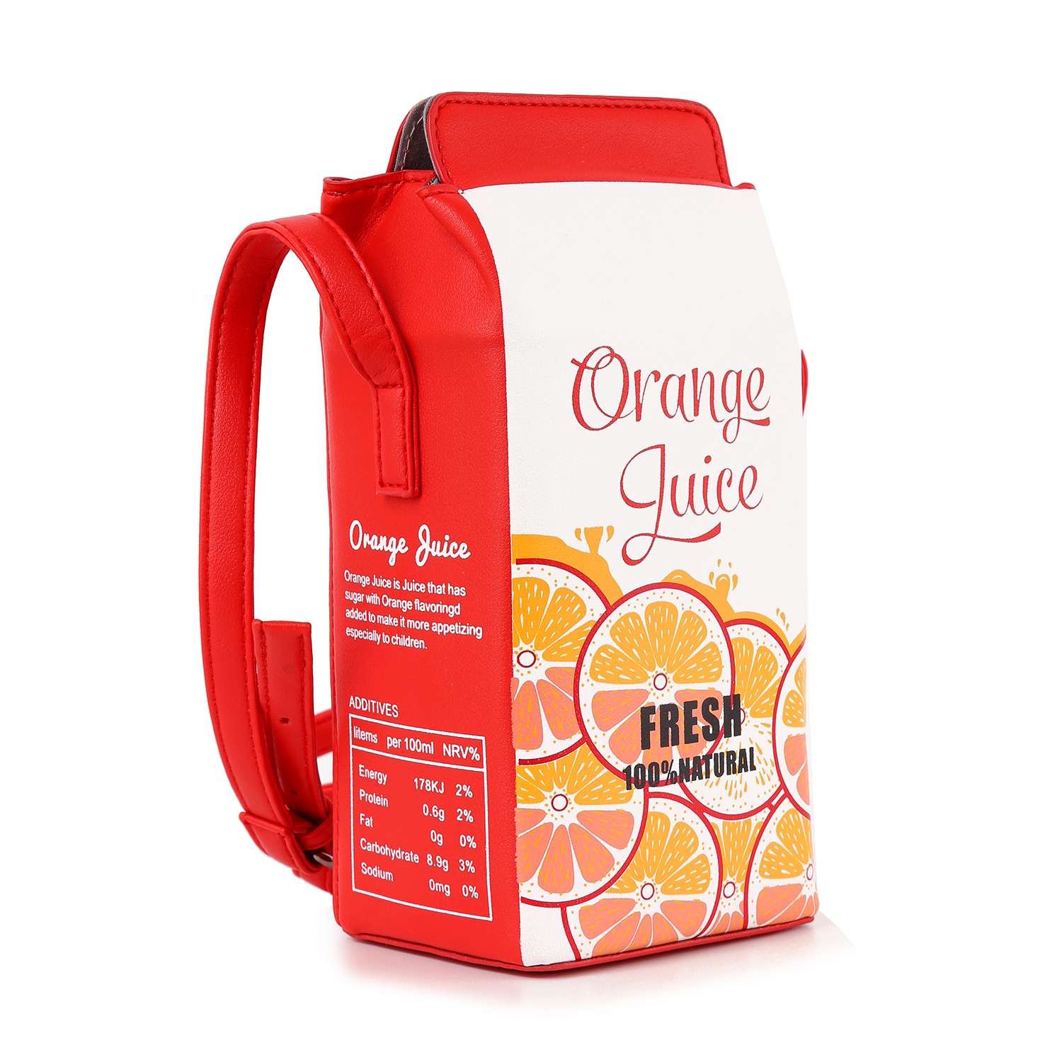 The Cute Carton Style Shoulder Bag is a red and white 21L backpack with a single strap, orange slice designs, “Orange Juice” and “Fresh 100% Natural” text on the front, faux leather details, and nutritional info on the side.