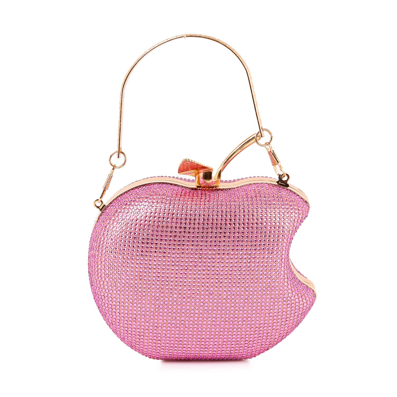The Rhinestone Covered Delicious Apple Evening Bag is shaped like a bitten apple, encrusted with pink rhinestones, and features a gold handle with a small gold stem on top.