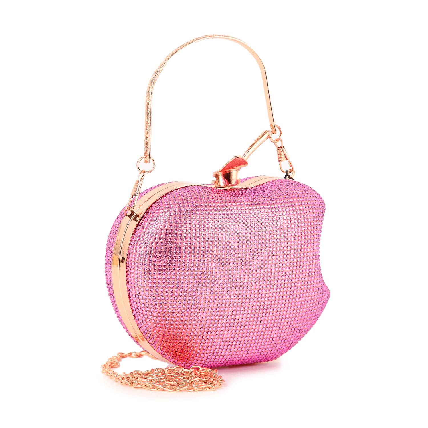 The Rhinestone Covered Delicious Apple Evening Bag is a shiny, pink, apple-shaped clutch with gold hardware, top handle, and gold chain strap. Encrusted with sparkling rhinestones, it’s a playful crystal evening bag for special nights out.