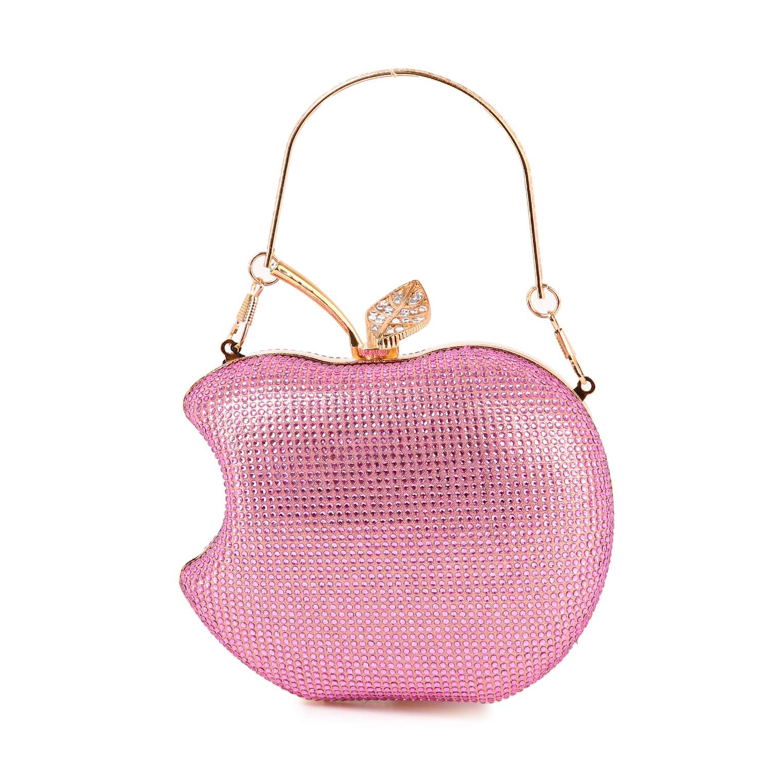 The Rhinestone Covered Delicious Apple Evening Bag is a pink, apple-shaped clutch with a gold handle, jeweled leaf accent, bite-shaped detail, and sparkling rhinestone cover—making it a standout accessory for your evening look.