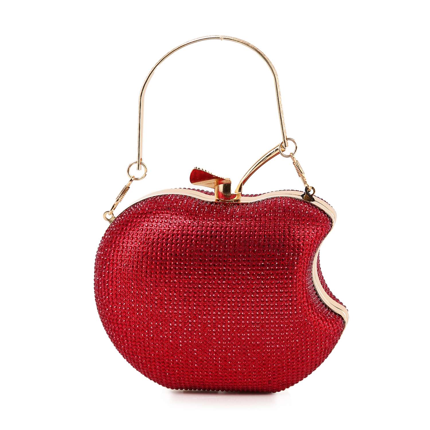 The Rhinestone Covered Delicious Apple Evening Bag is a red, apple-shaped crystal evening bag with a gold stem-and-leaf clasp and gold handle, encrusted with rhinestones.