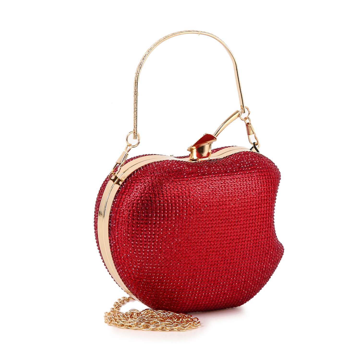 The Rhinestone Covered Delicious Apple Evening Bag is a red, apple-shaped clutch with sparkling rhinestones, a gold-tone handle and clasp, plus a matching gold chain—ideal as a standout crossbody for evening events.