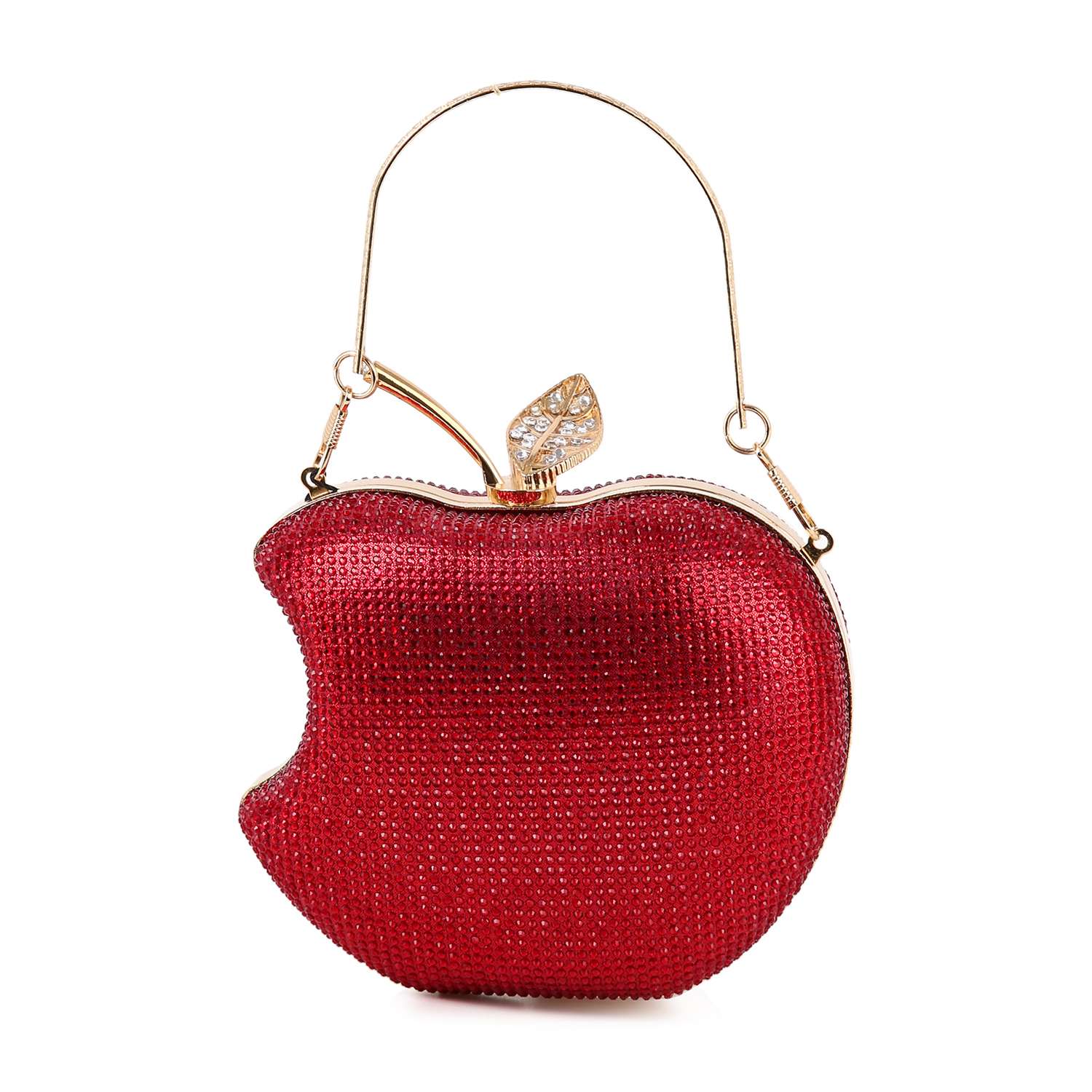 The Rhinestone Covered Delicious Apple Evening Bag is shaped like a bitten red apple, covered in red rhinestones, and features a gold handle with jeweled leaf—perfect as a sparkling crystal evening bag for glamorous nights out.