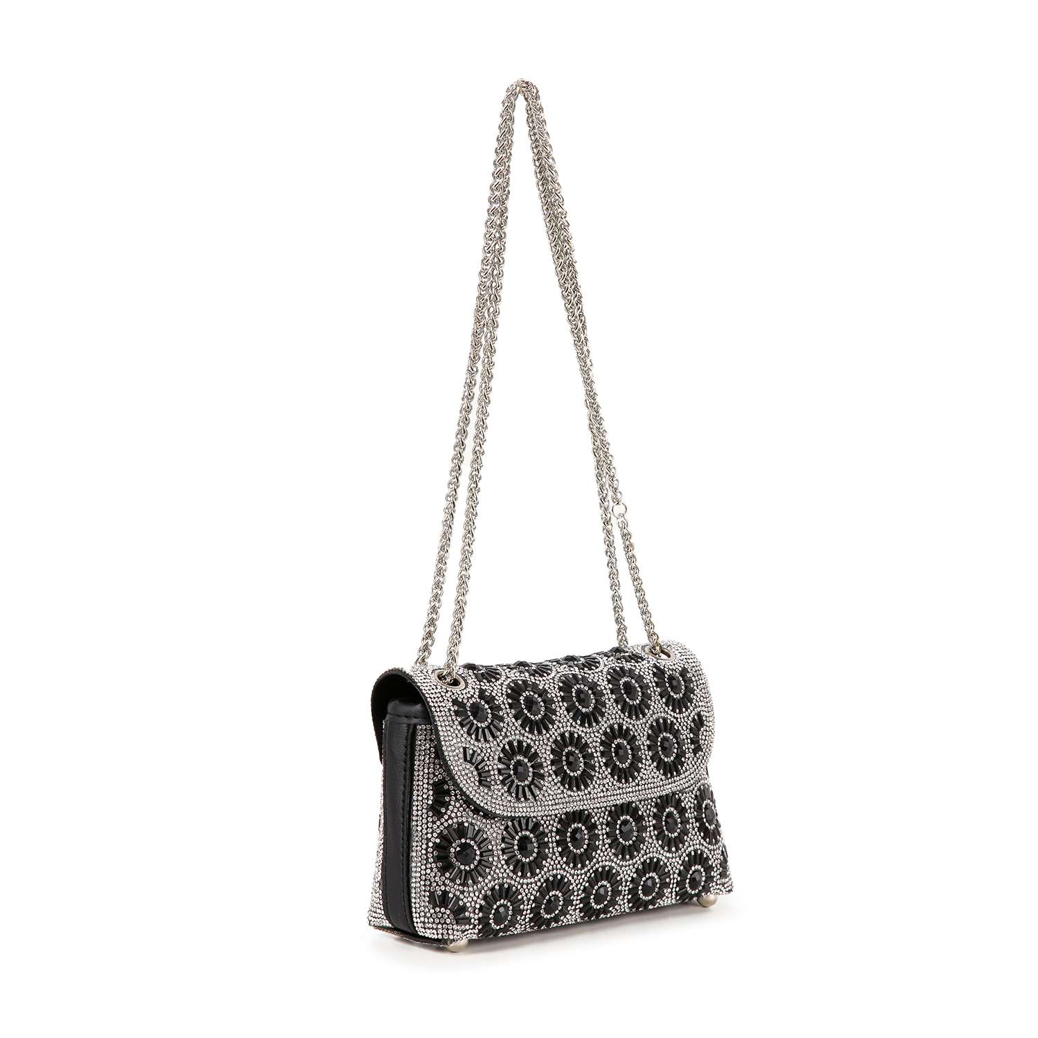 The Stunning Rhinestone Design Shoulder Bag features black faux leather, a silver chain strap, and a pattern of silver circular beads and rhinestones, shown against a white background.