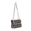 The Stunning Rhinestone Design Shoulder Bag features black faux leather, a silver chain strap, and a pattern of silver circular beads and rhinestones, shown against a white background.