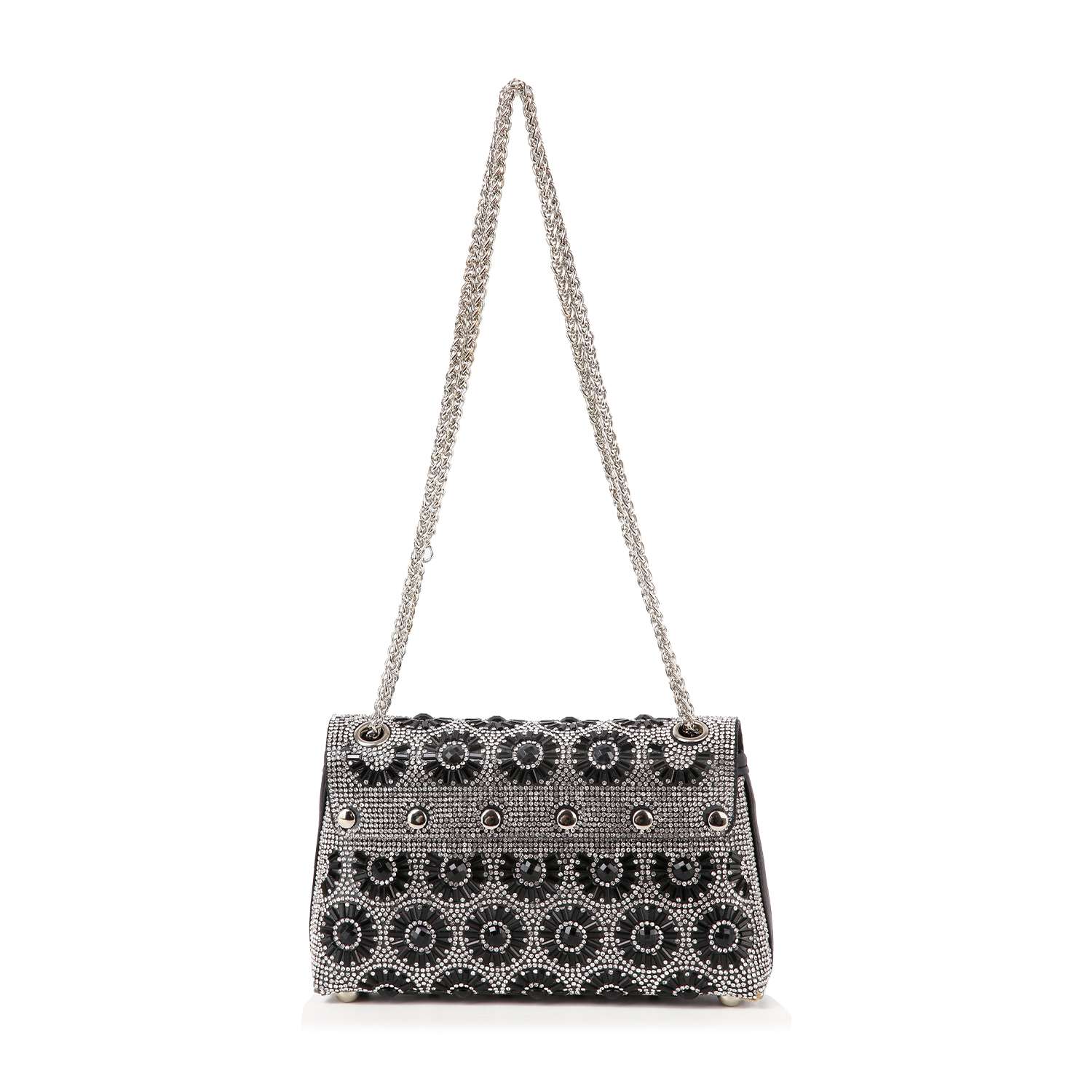 The Stunning Rhinestone Design Shoulder Bag is a stylish black faux leather handbag with silver beading, circular patterns, flap closure, and a long silver chain strap.
